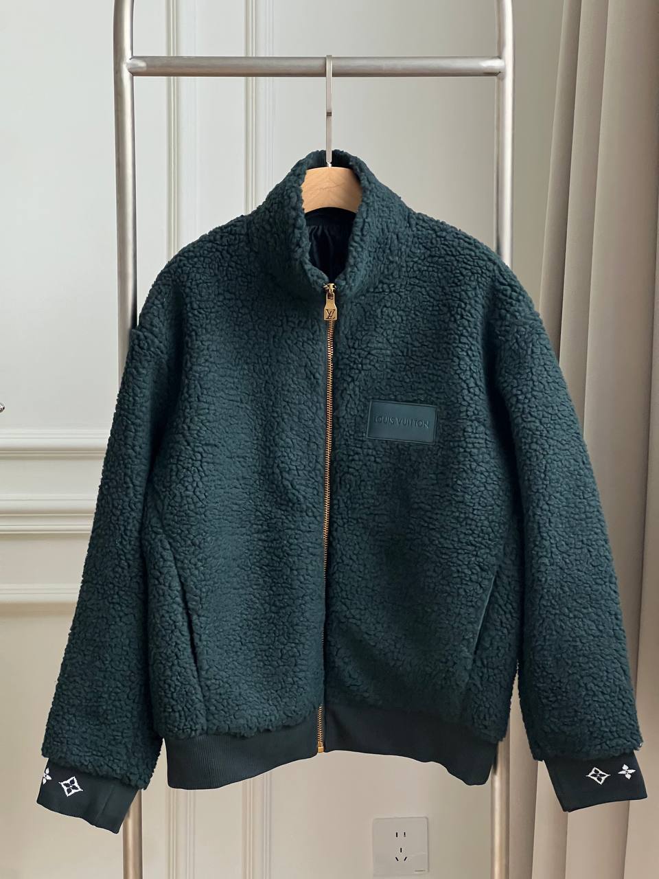 Louis Vuitton Dark Green Stand Collar Teddy Fleece Zip Jacket With Leather Logo Patch