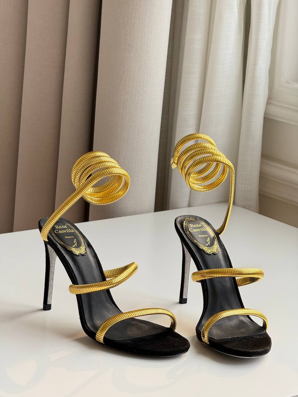 René Caovilla Cleo Gold Metallic Serpent Wrap-Around Stiletto Sandals