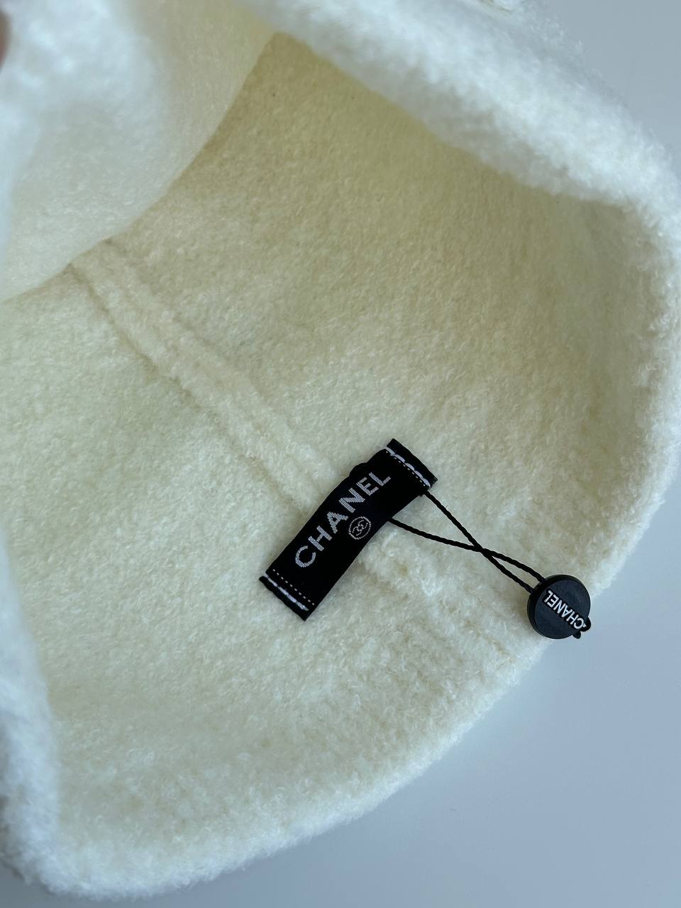Chanel Cream White Fluffy Knit Beanie Hat With Rhinestone Interlocking CC Logo