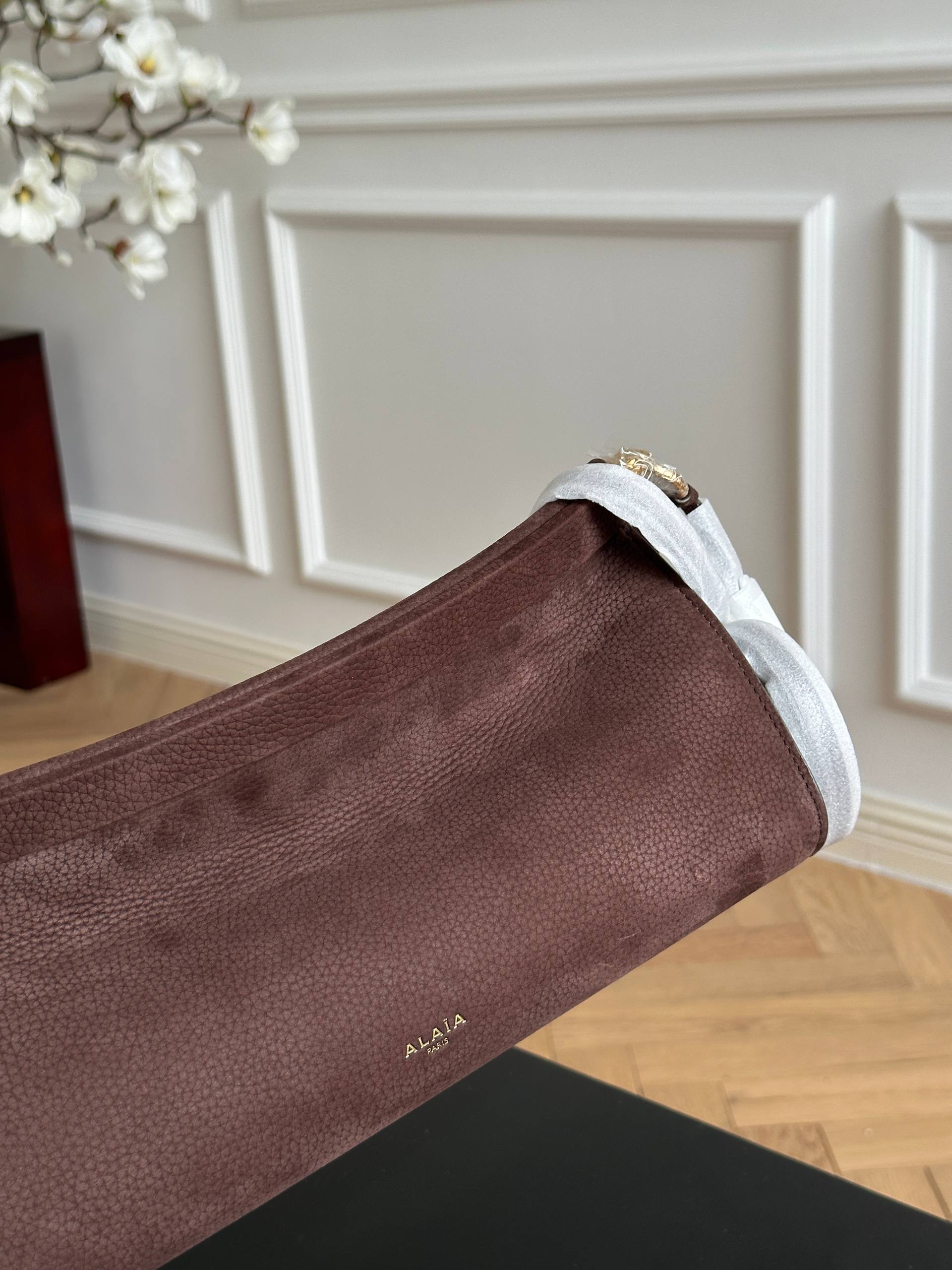 ALAIA Dark Brown Grained Leather Long Baguette Shoulder Bag