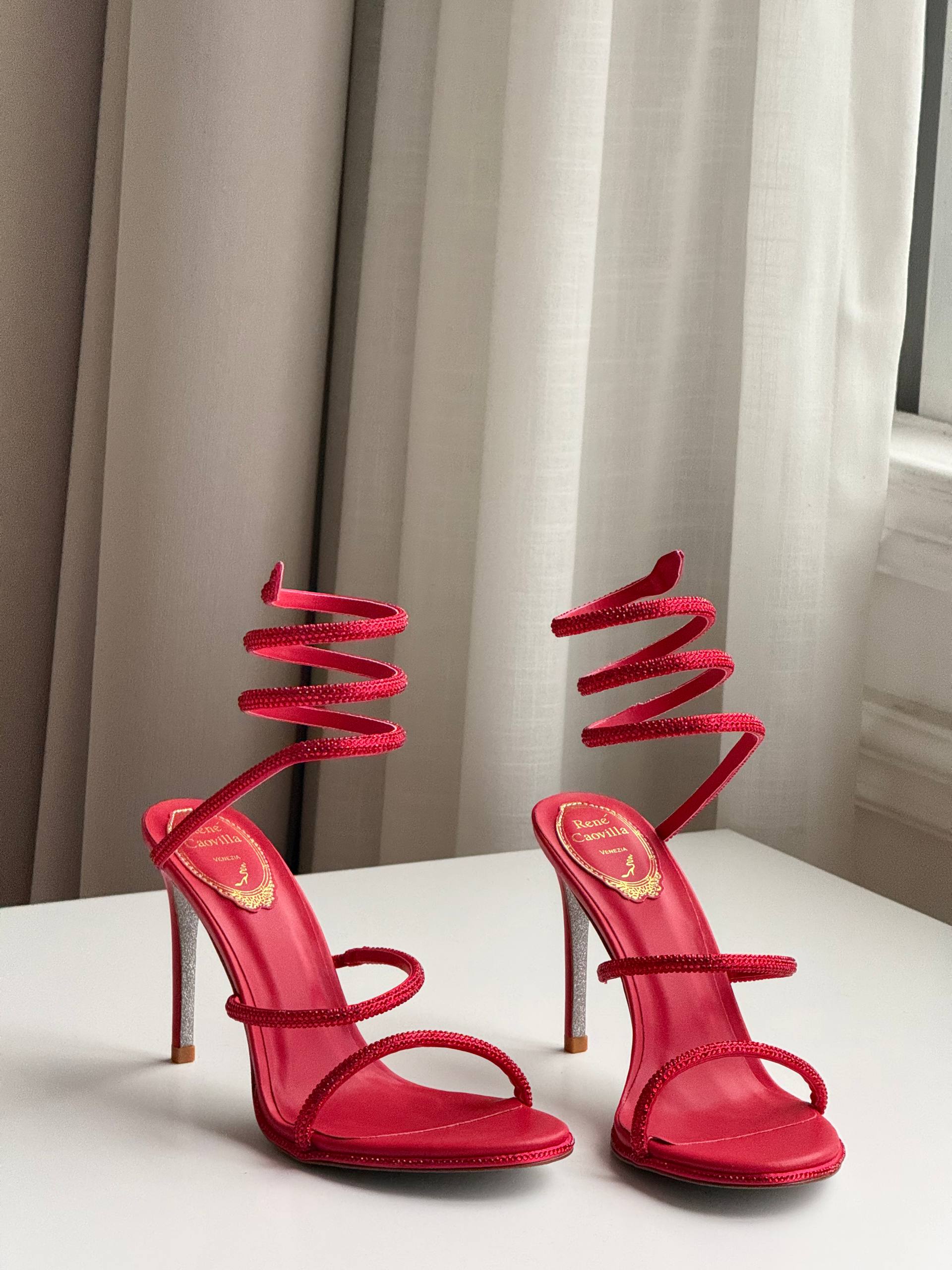 Bright Red Rhinestone Coiled Ankle Wrap Open Toe Stiletto Sandals