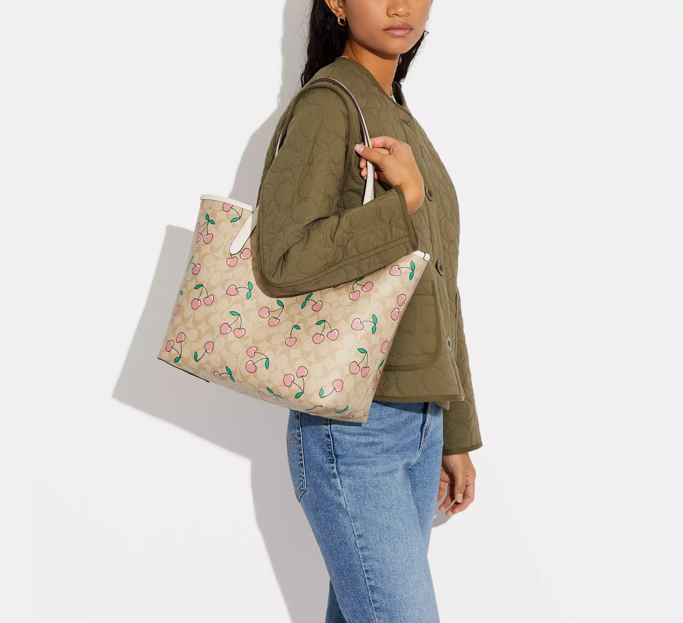 Women Handbag CF444 City Tote Bag In Signature Canvas With Heart Cherry Print