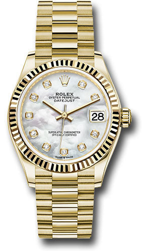 Rolex Yellow Gold Datejust 31 Watch - Fluted Bezel - Mother-of-Pearl Diamond Dial - President Bracelet - 278278 mdp【1:1 Replica】