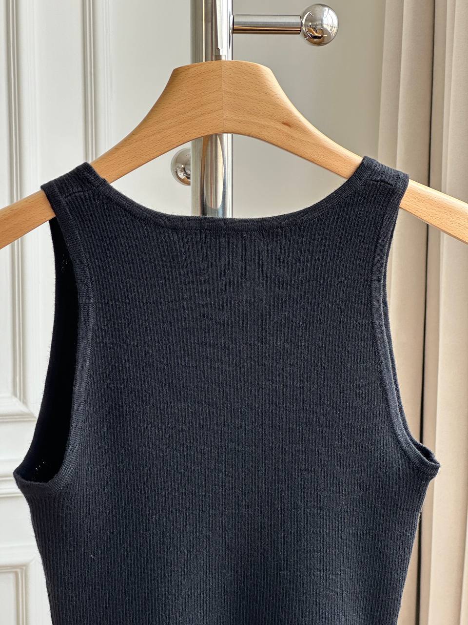 Miu Miu Black Ribbed Knit U-Neck Wide Strap Tank Top With White Embroidery Logo