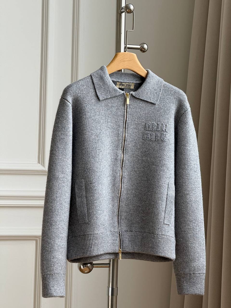 Miu Miu Logo-Embroidered Zip-Up Polo Collar Knit Cardigan