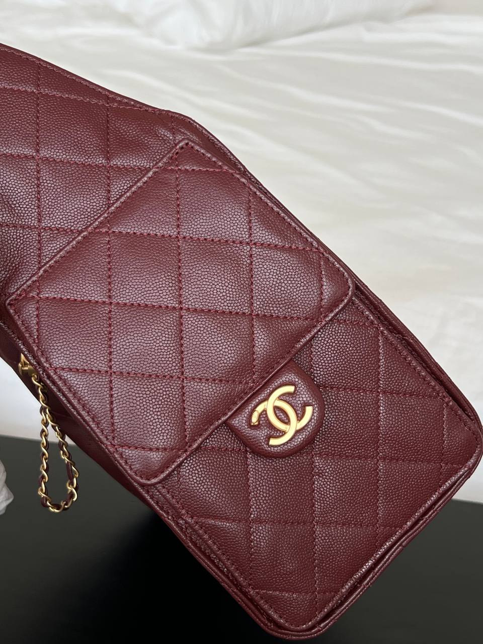 Chanel Burgundy Caviar Leather Quilted CC Drawstring Chain Tote Bag