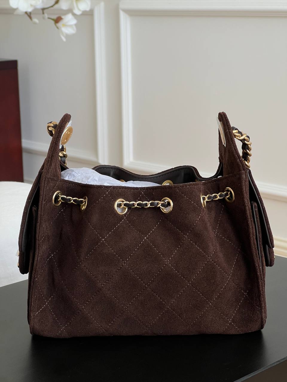 Chanel Dark Brown Suede Quilted CC Lock Drawstring Chain Hobo Underarm Bag