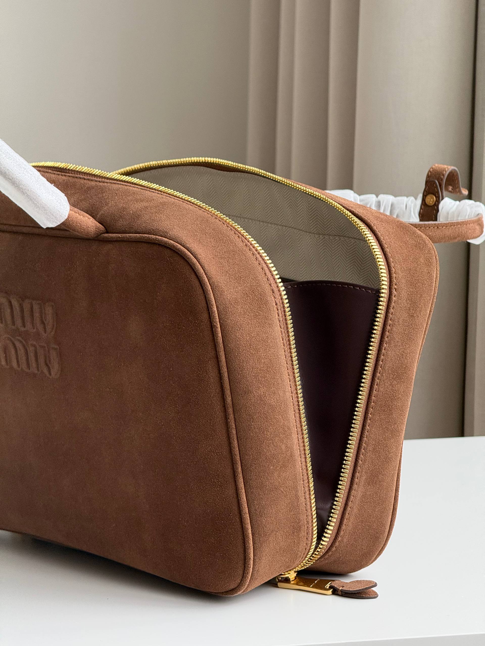 Miu Miu Brown Suede Embossed Logo Handheld Boston Cosmetic Bag