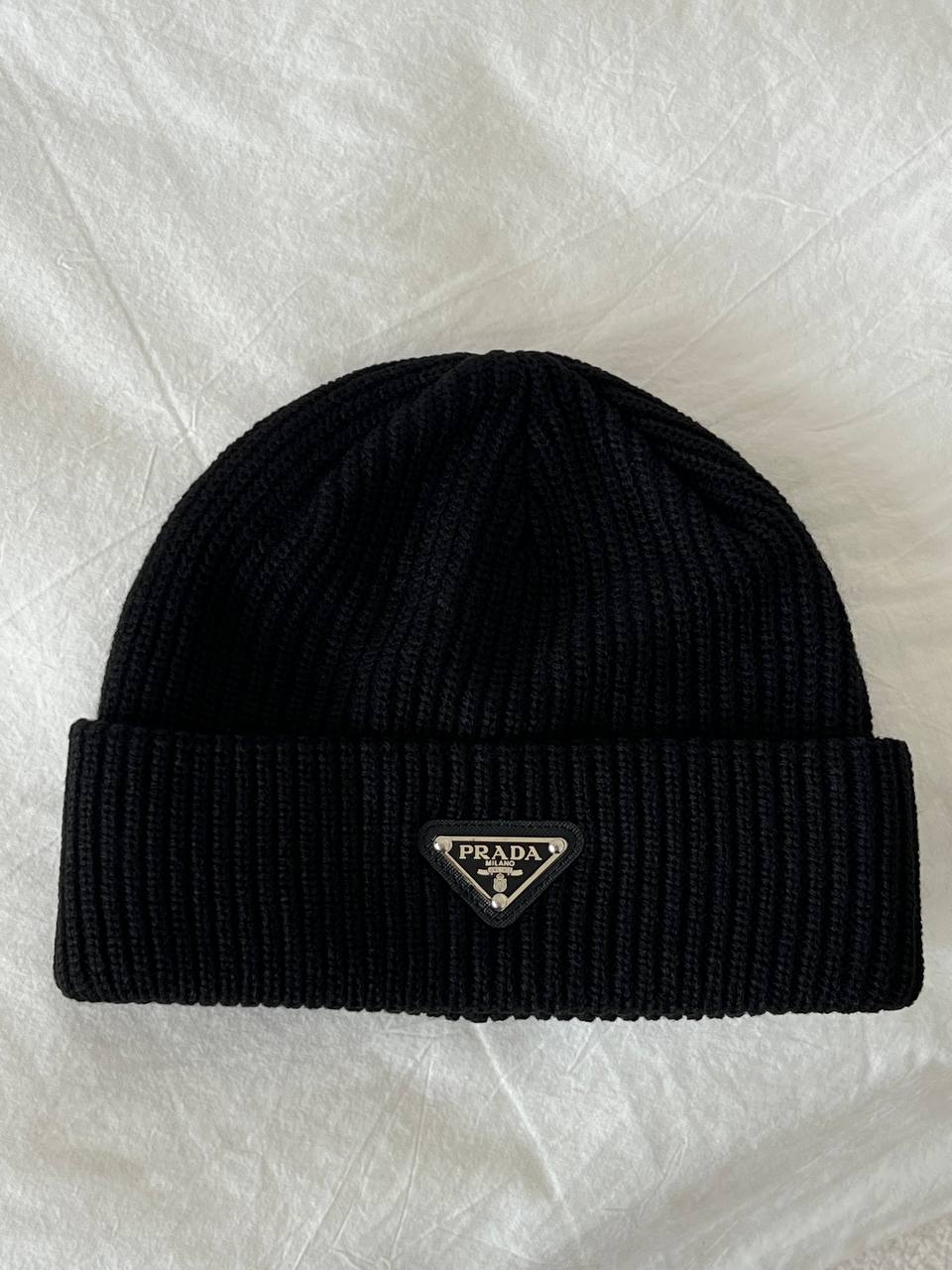 Prada Black Triangle Logo Ribbed Cuffed Knit Beanie