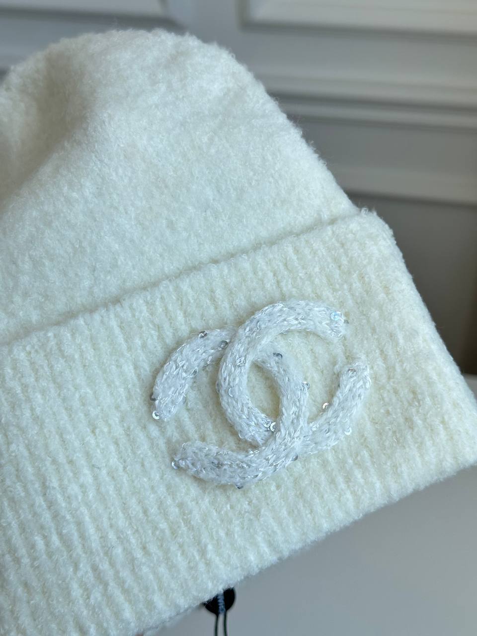 Chanel Cream White Fluffy Knit Beanie Hat With Rhinestone Interlocking CC Logo