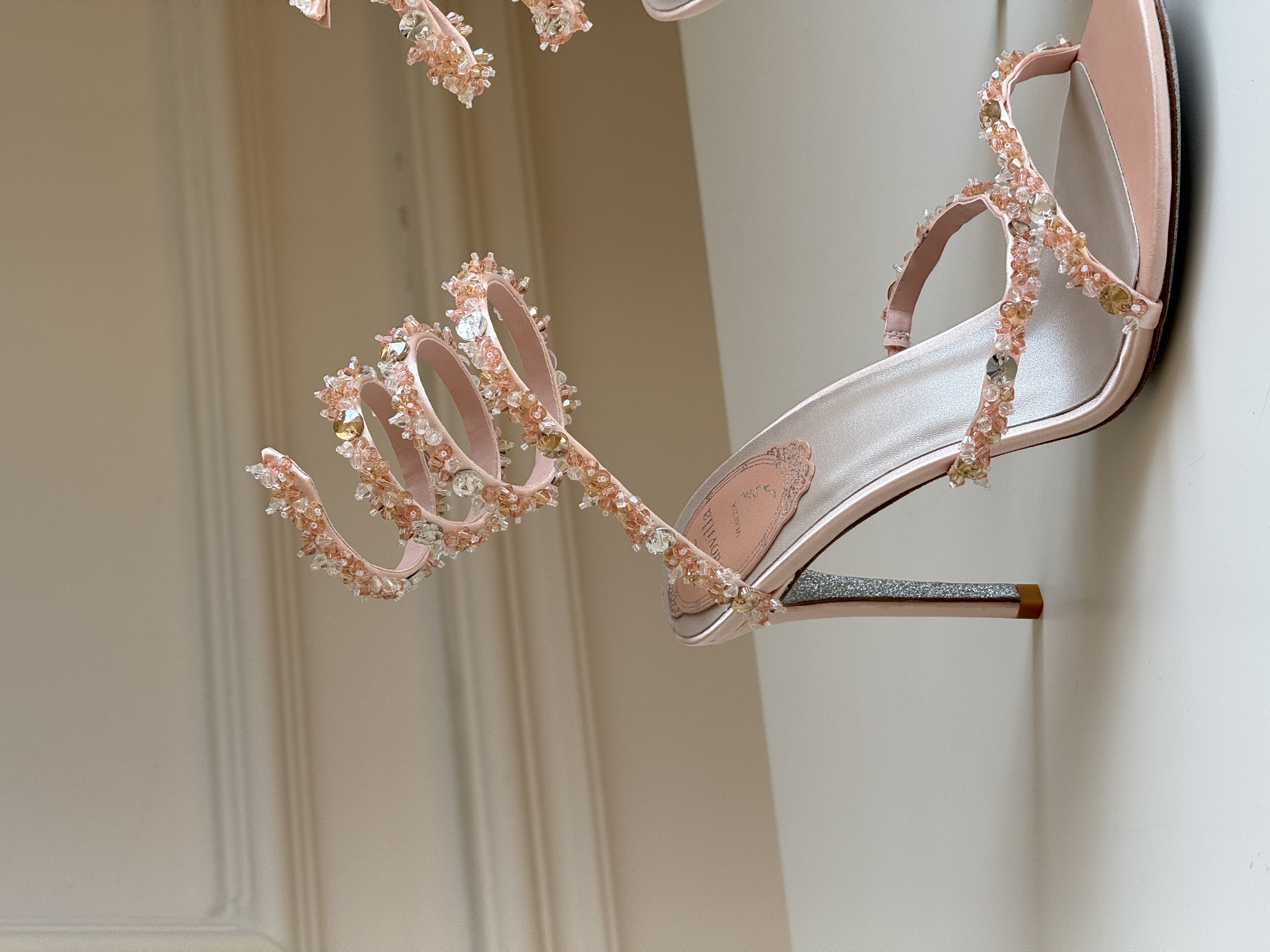 Nude Pink Spiral Ankle Wrap Hand-Beaded Crystal Open Toe Stiletto Sandals