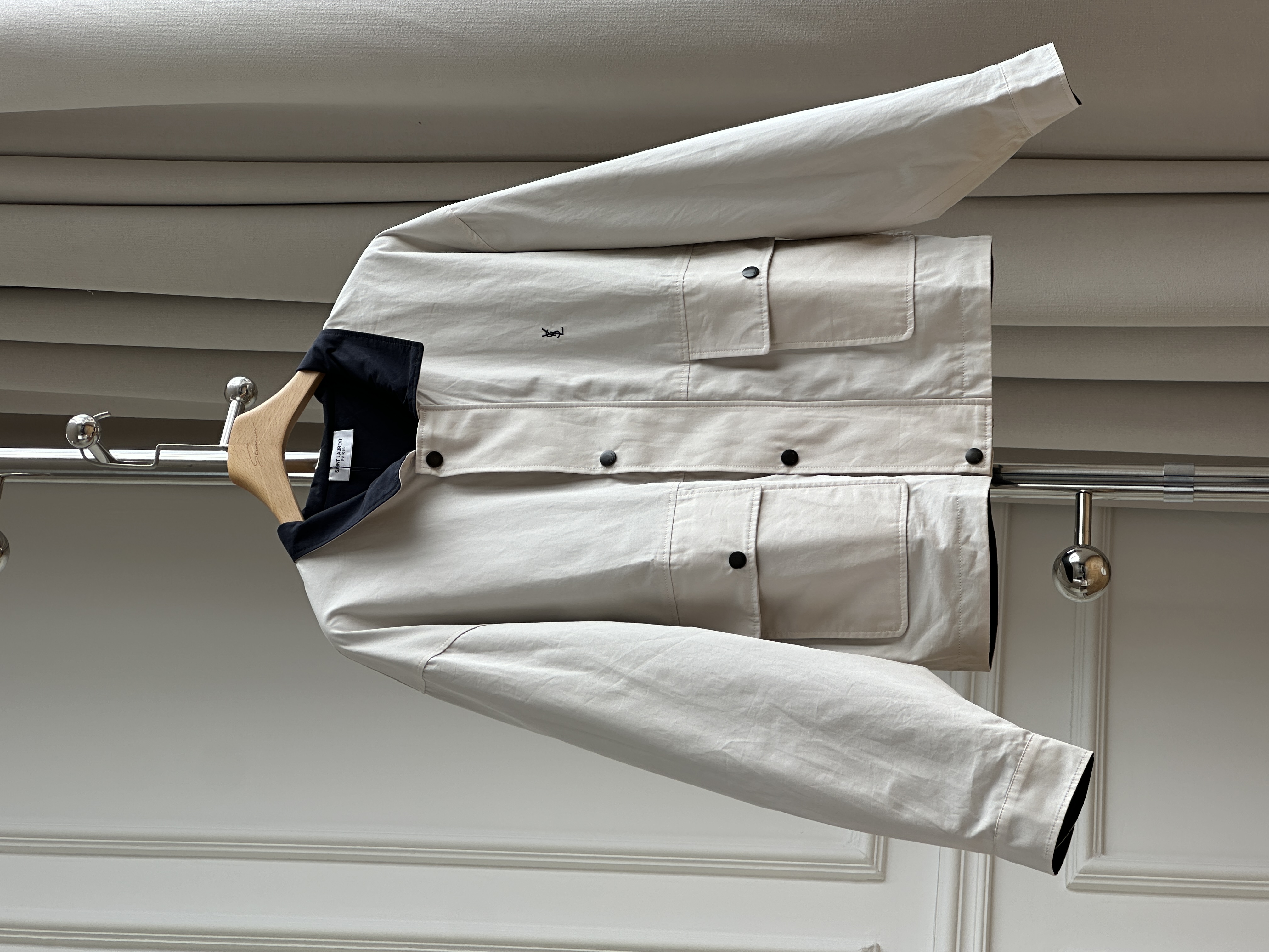 Saint Laurent Off-White Contrast Navy Collar Embroidered YSL Multi-Pocket Workwear Jacket