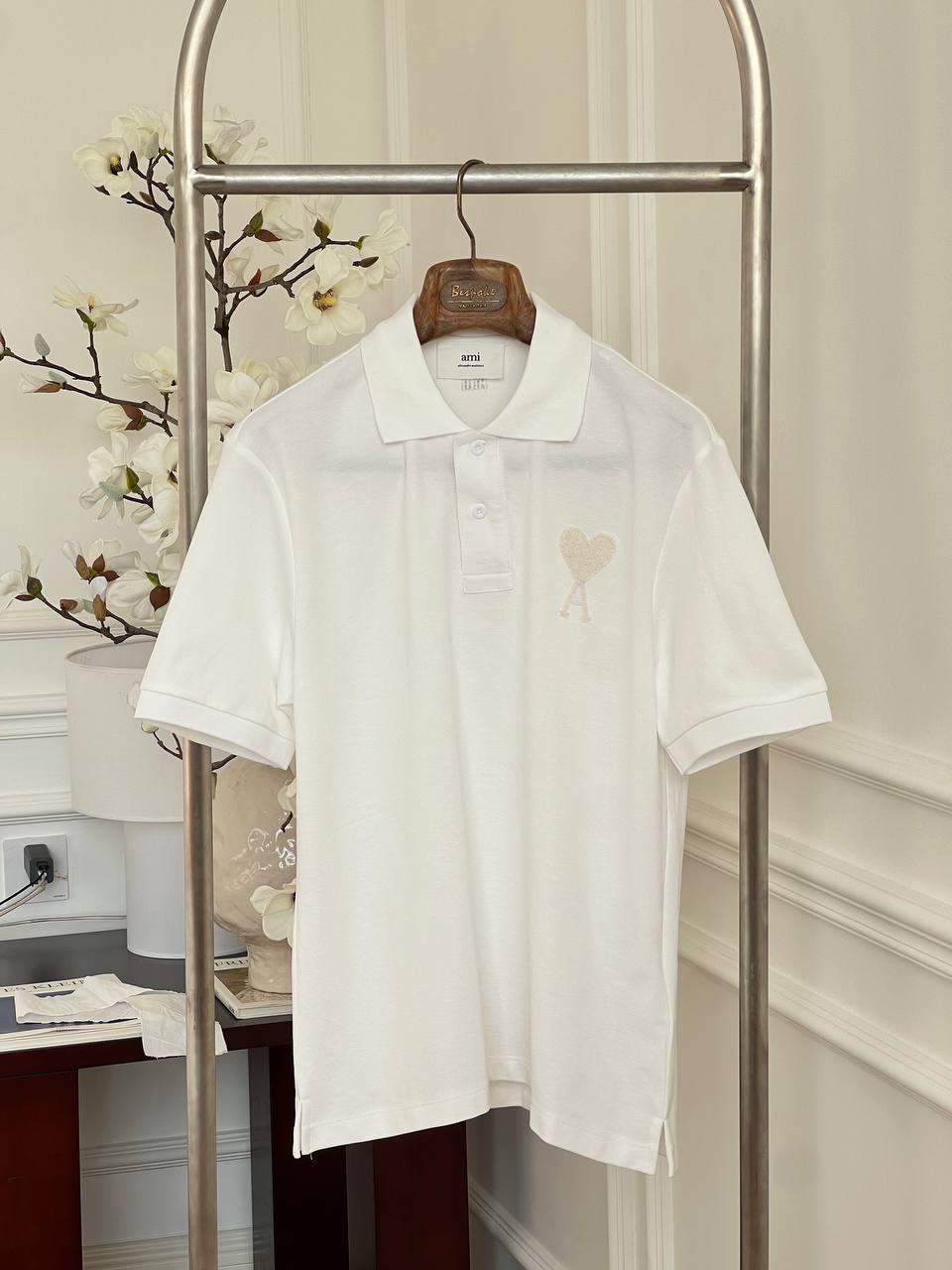 Ami Paris White Tone-on-Tone Heart A Logo Polo Shirt