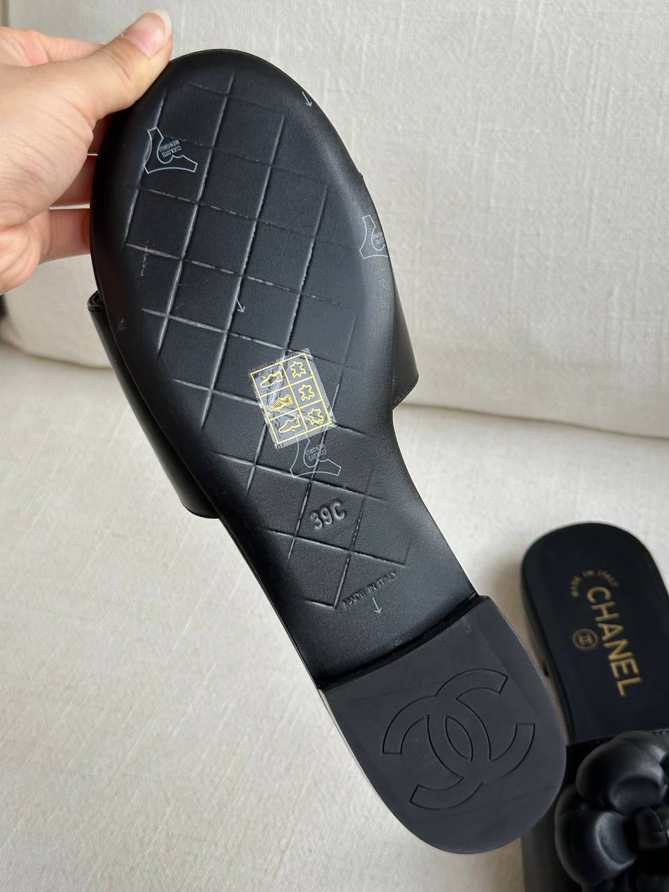 Chanel Black Smooth Leather Camellia Flat Slide Sandals