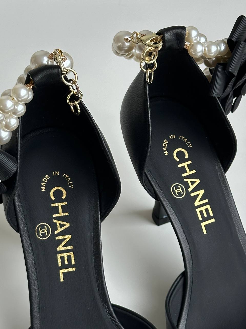 Chanel Black Calfskin & Grosgrain Camellia Pearl Ankle Strap Pointed Toe Slingback Heels