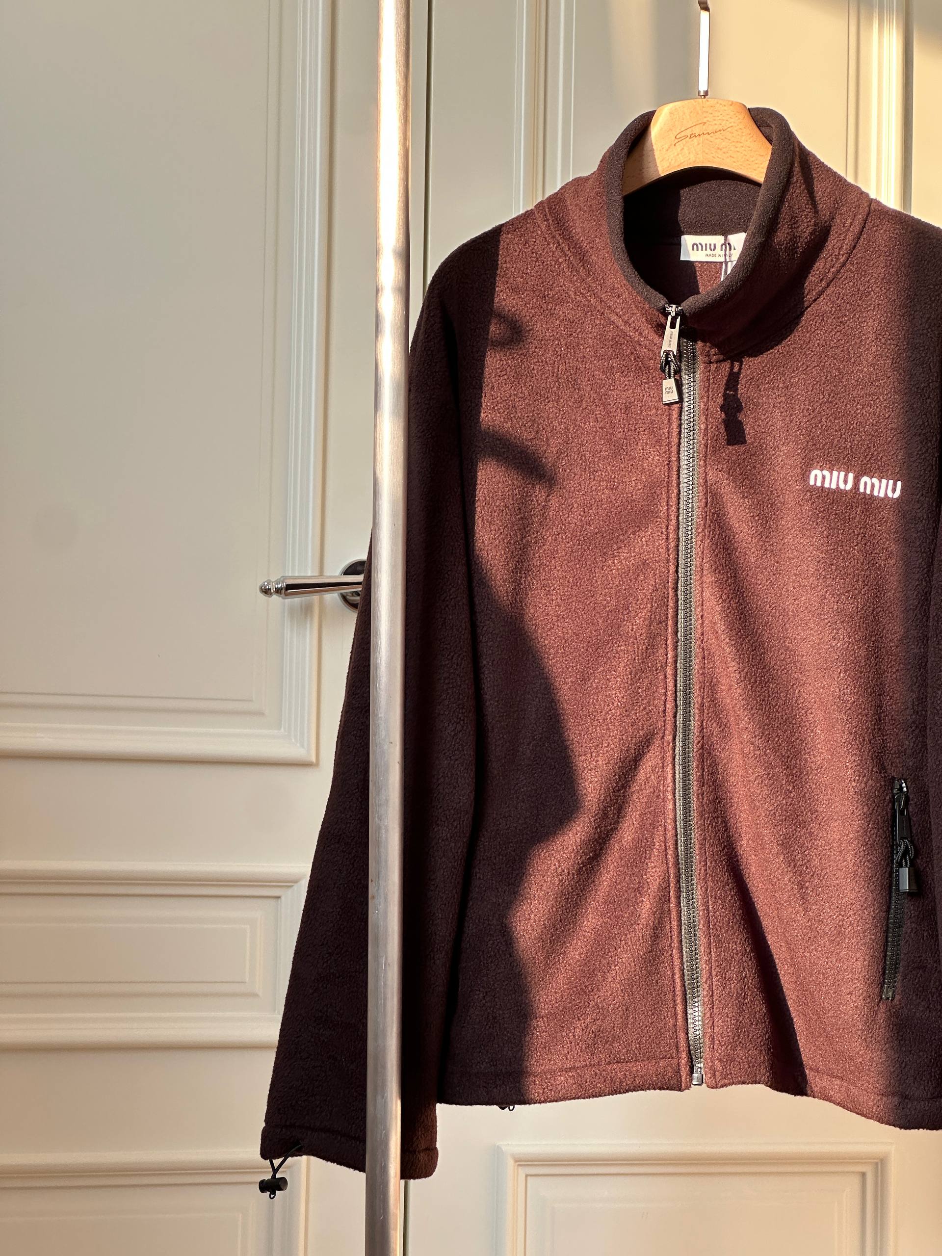 Miu Miu Stand Collar Fleece Zip Jacket with Chest Logo Embroidery