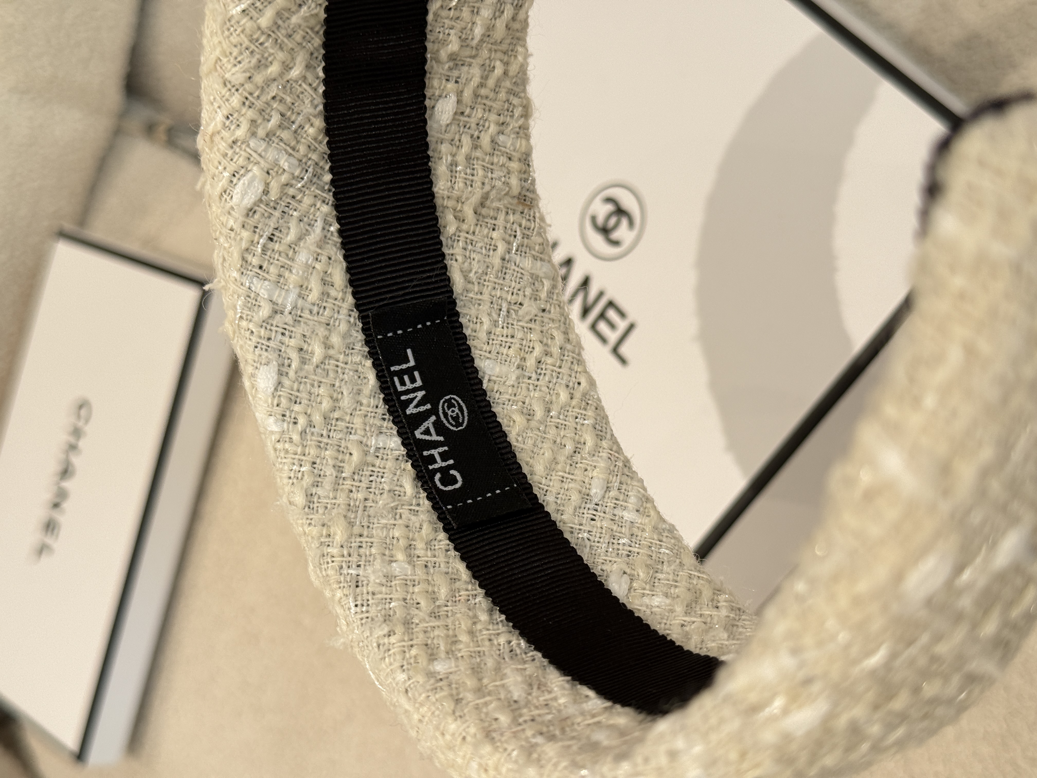 Chanel Off-White Tweed Wide Headband