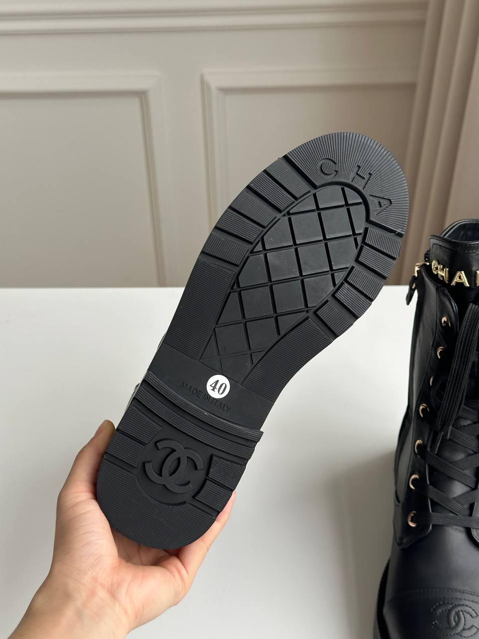 Chanel CC Embossed Leather Lace-Up Combat Boots