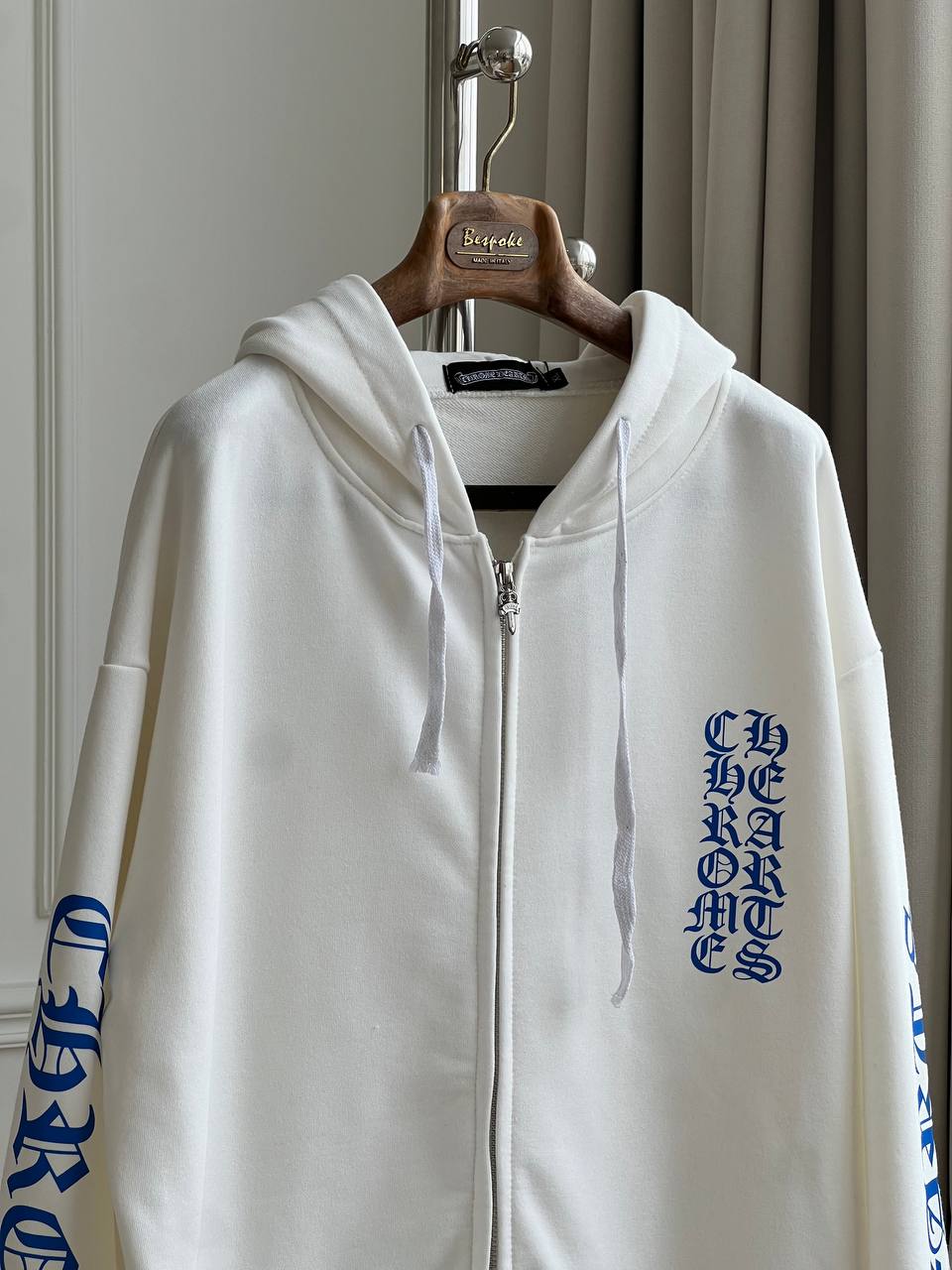 Chrome Hearts White Zip-Up Hooded Jacket With Blue Gothic Vertical Letter Print