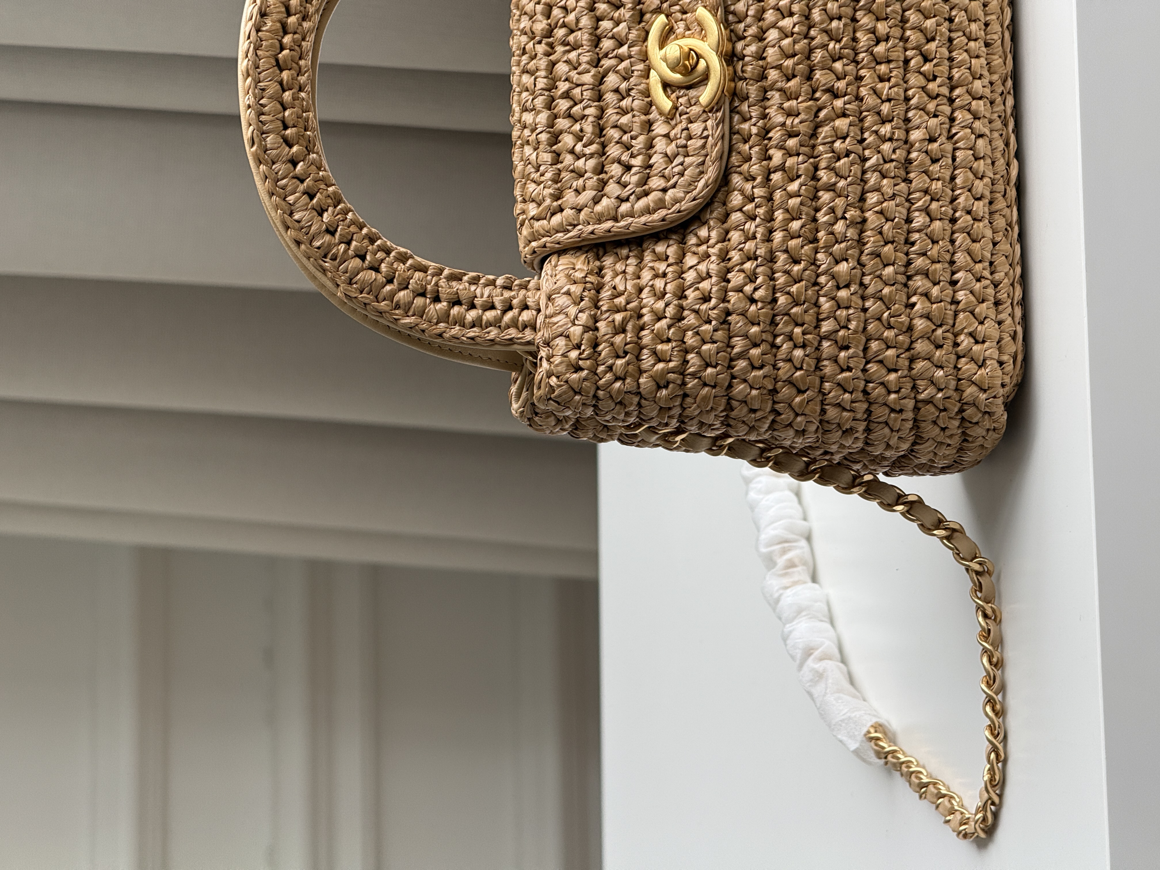 CHANEL Light Brown Raffia Woven Mini CC Flap Handbag