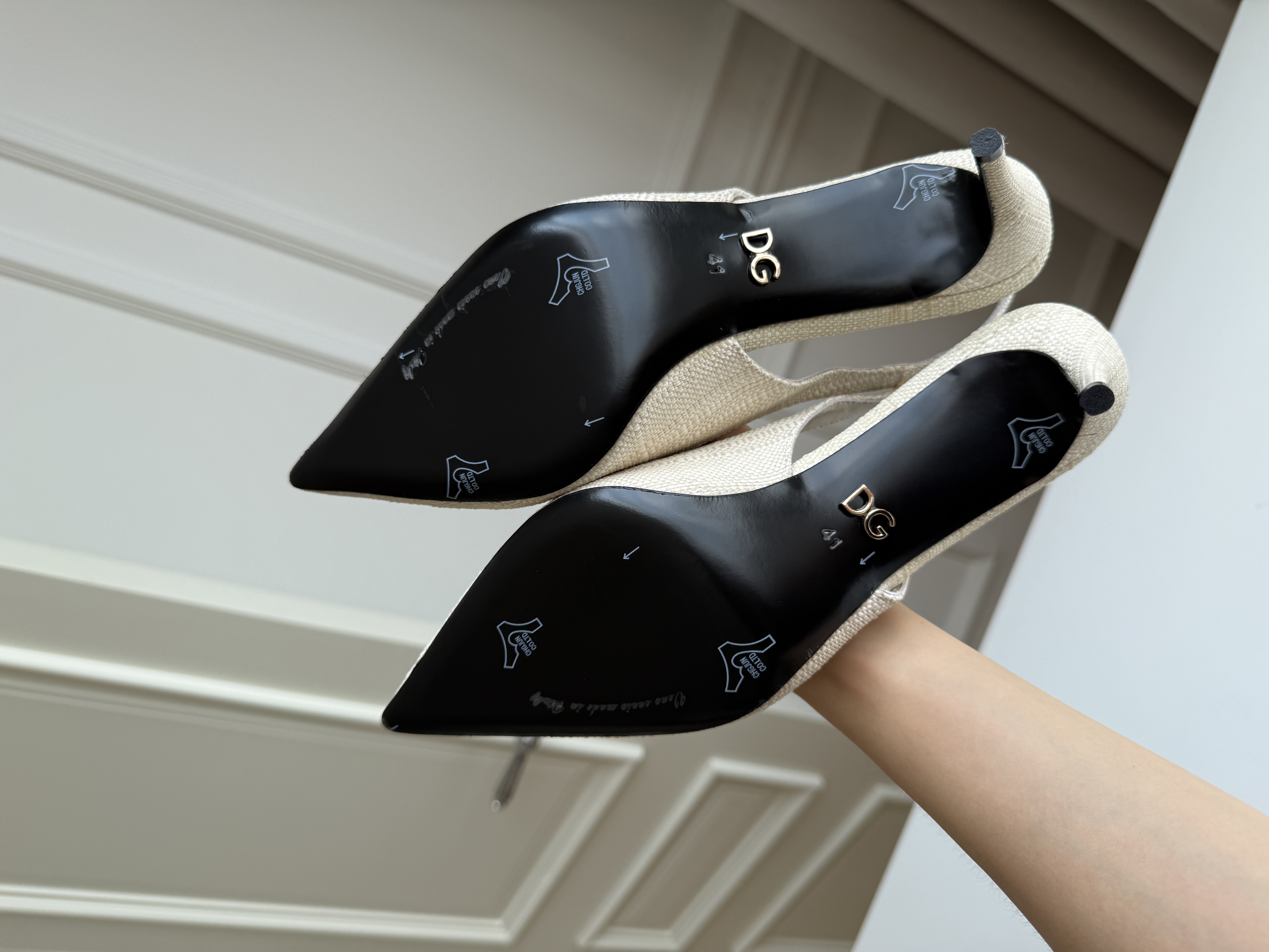 Dolce & Gabbana Off-White Woven Fabric Pointed Toe Slingback Stiletto Heels With DG Metal Logo