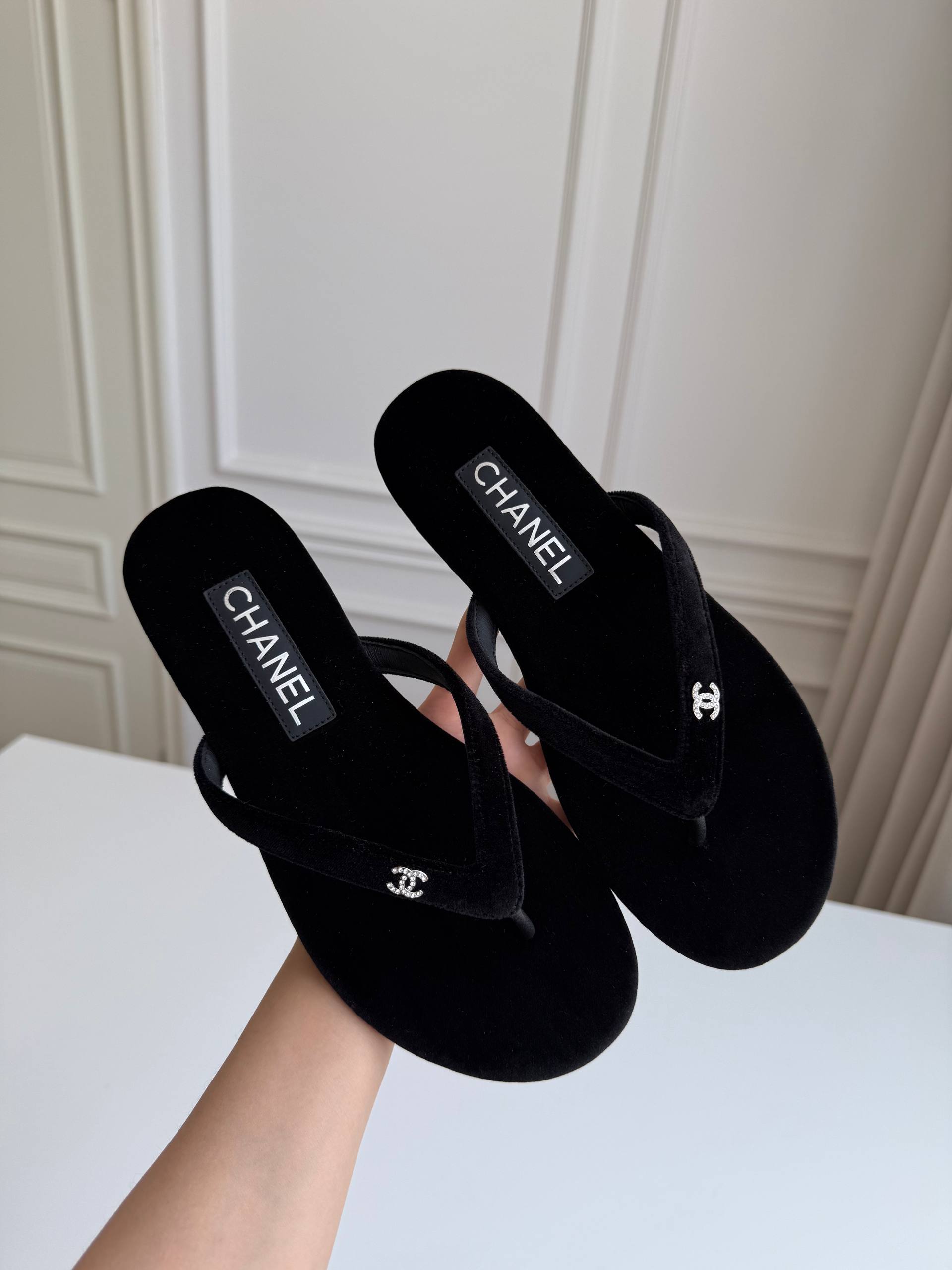 Chanel Velvet Crystal CC Logo Flip Flops