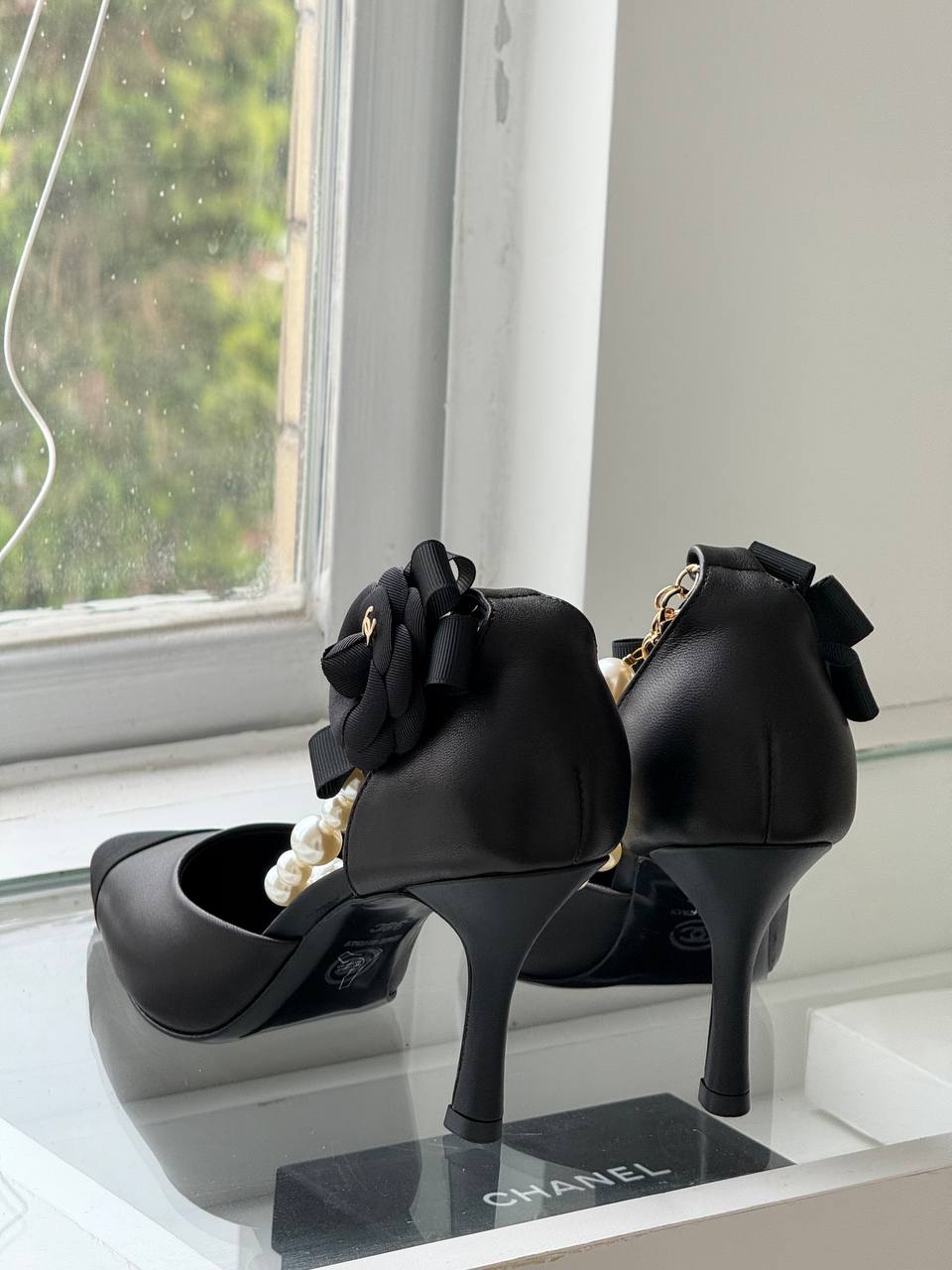 CHANEL Camellia Pearl Chain Pointed-Toe Heels
