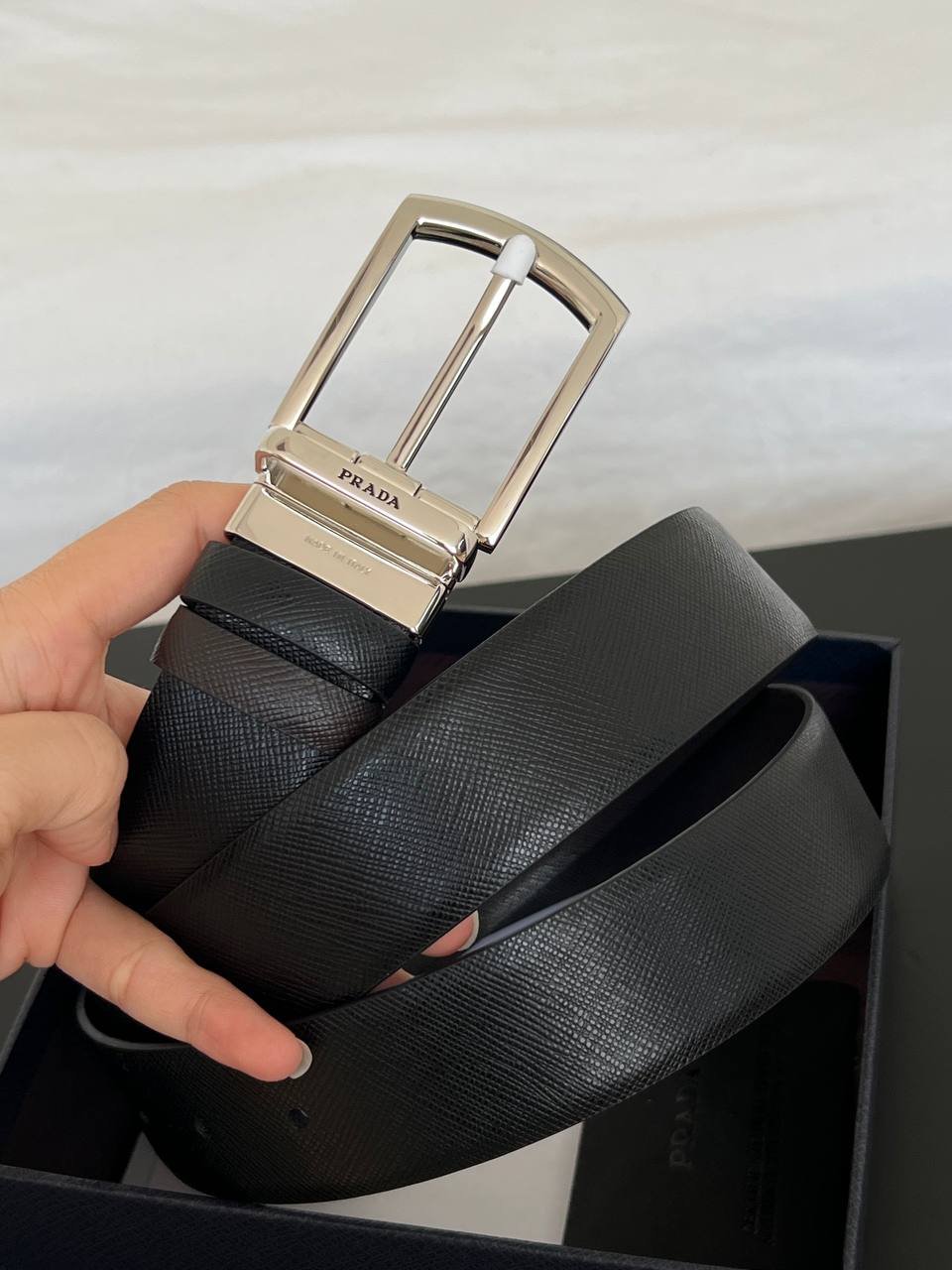 Prada Black Saffiano Leather Belt with Pin Buckle