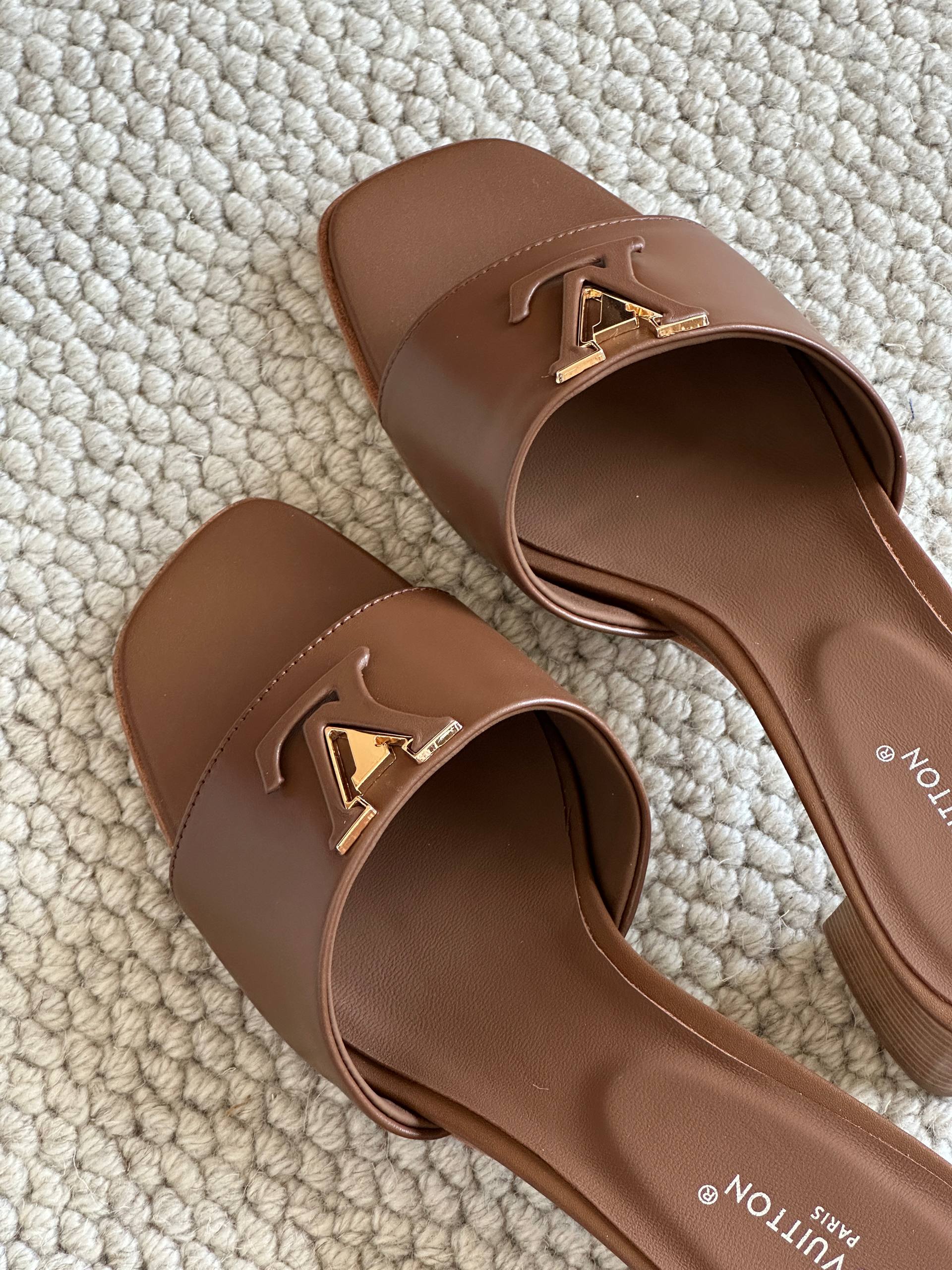Louis Vuitton Dark Brown Calf Leather LV Logo Block Heel Mules
