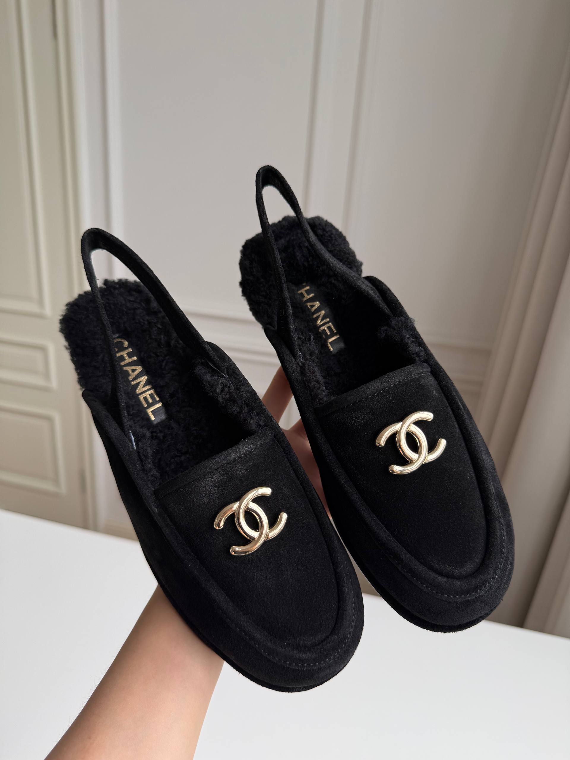 Chanel Suede Shearling Lined Slingback Loafer Mules