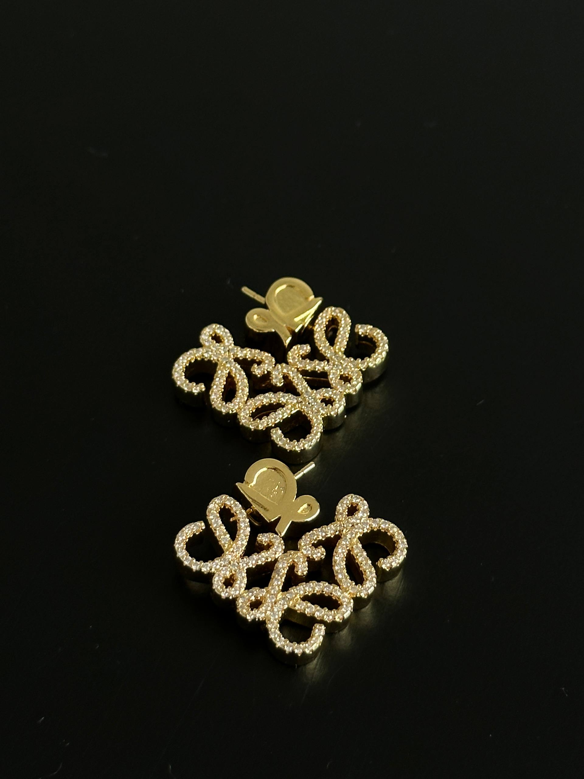 LOEWE Gold Paved Crystal Hollow Anagram Square Stud Earrings