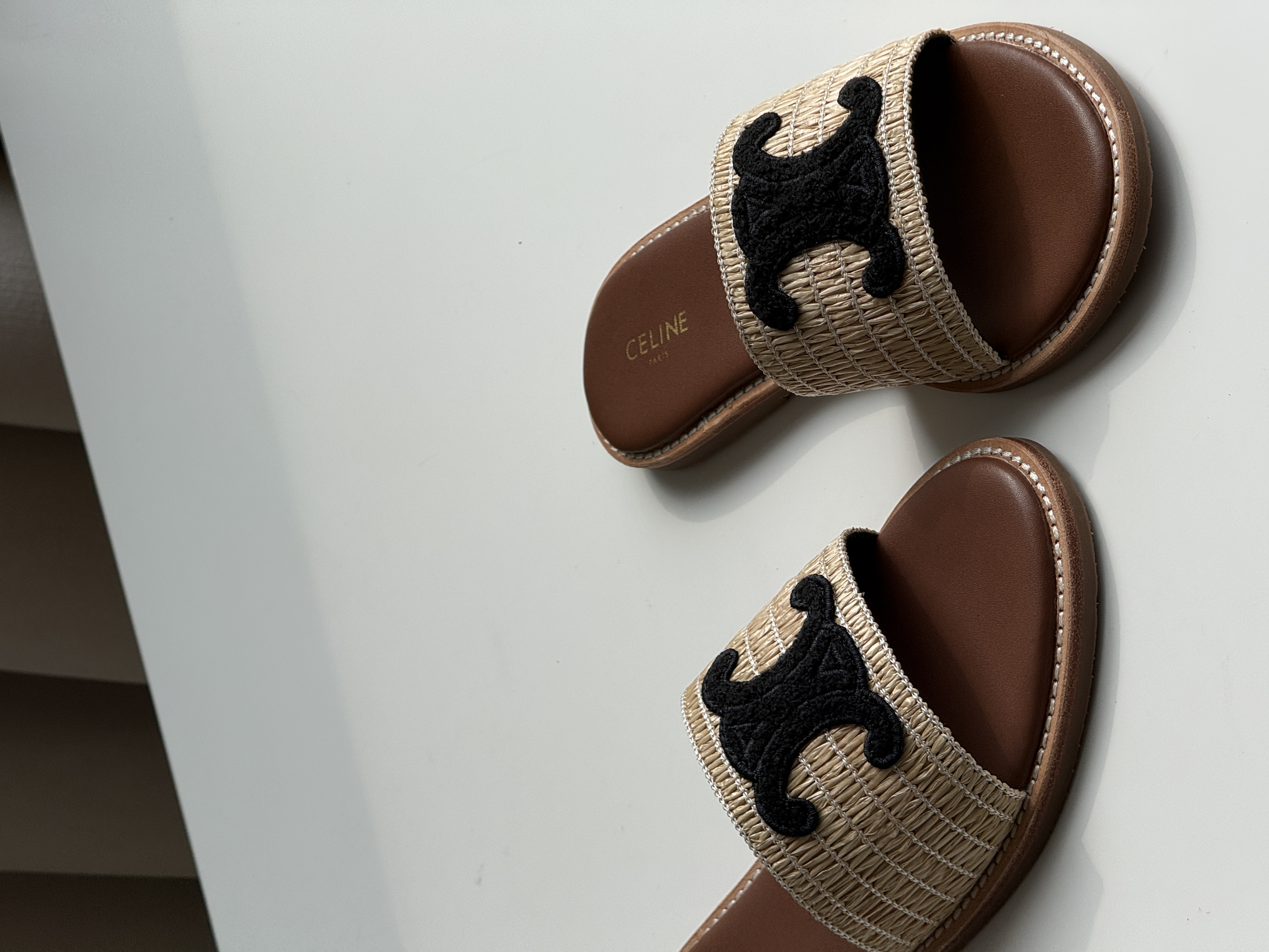 Celine Raffia Woven Slide Sandals With Black Triomphe Embroidery Logo