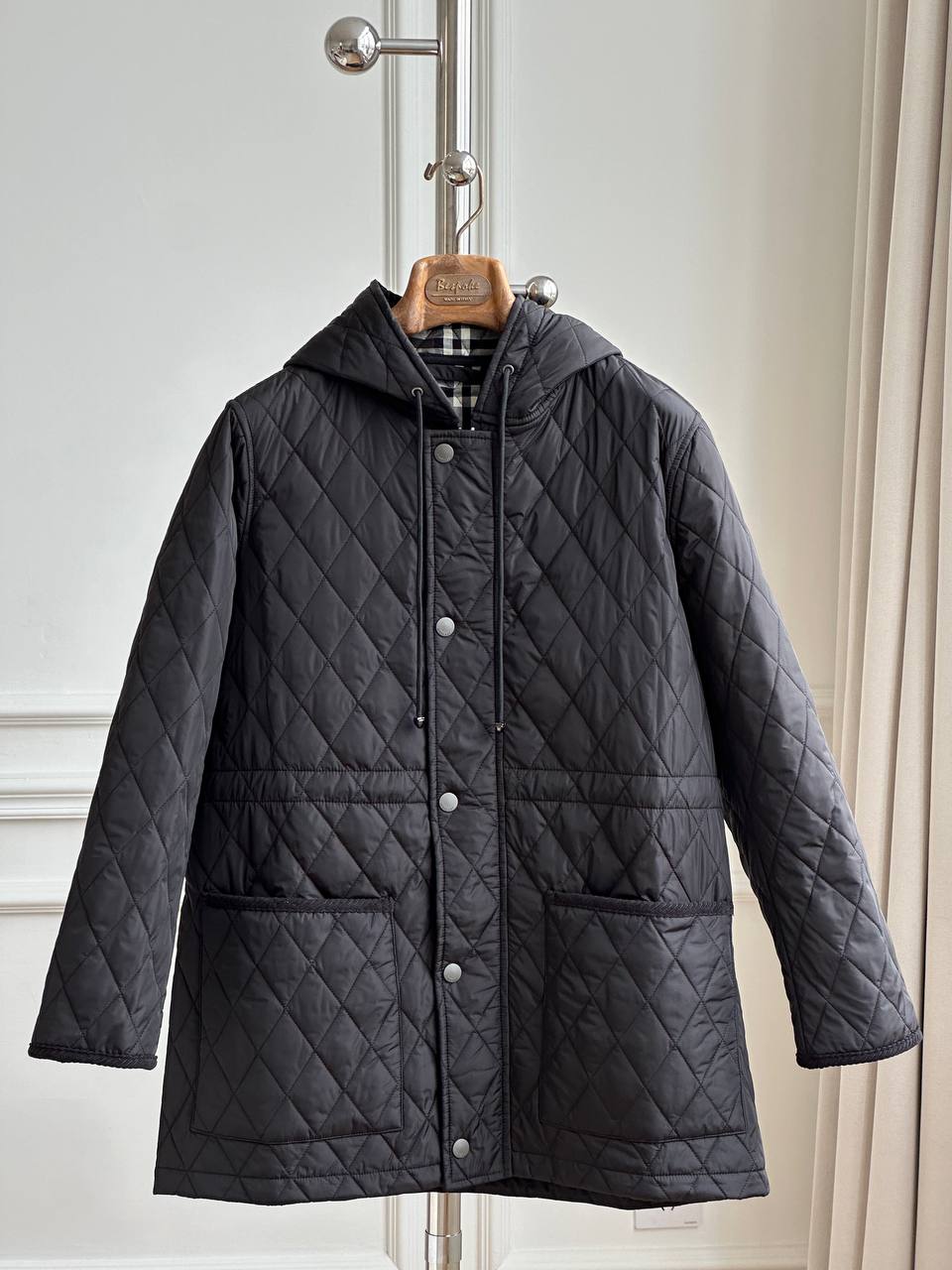 Black Diamond Quilted Hooded Drawstring Mid-Length Lightweight Padded Coat