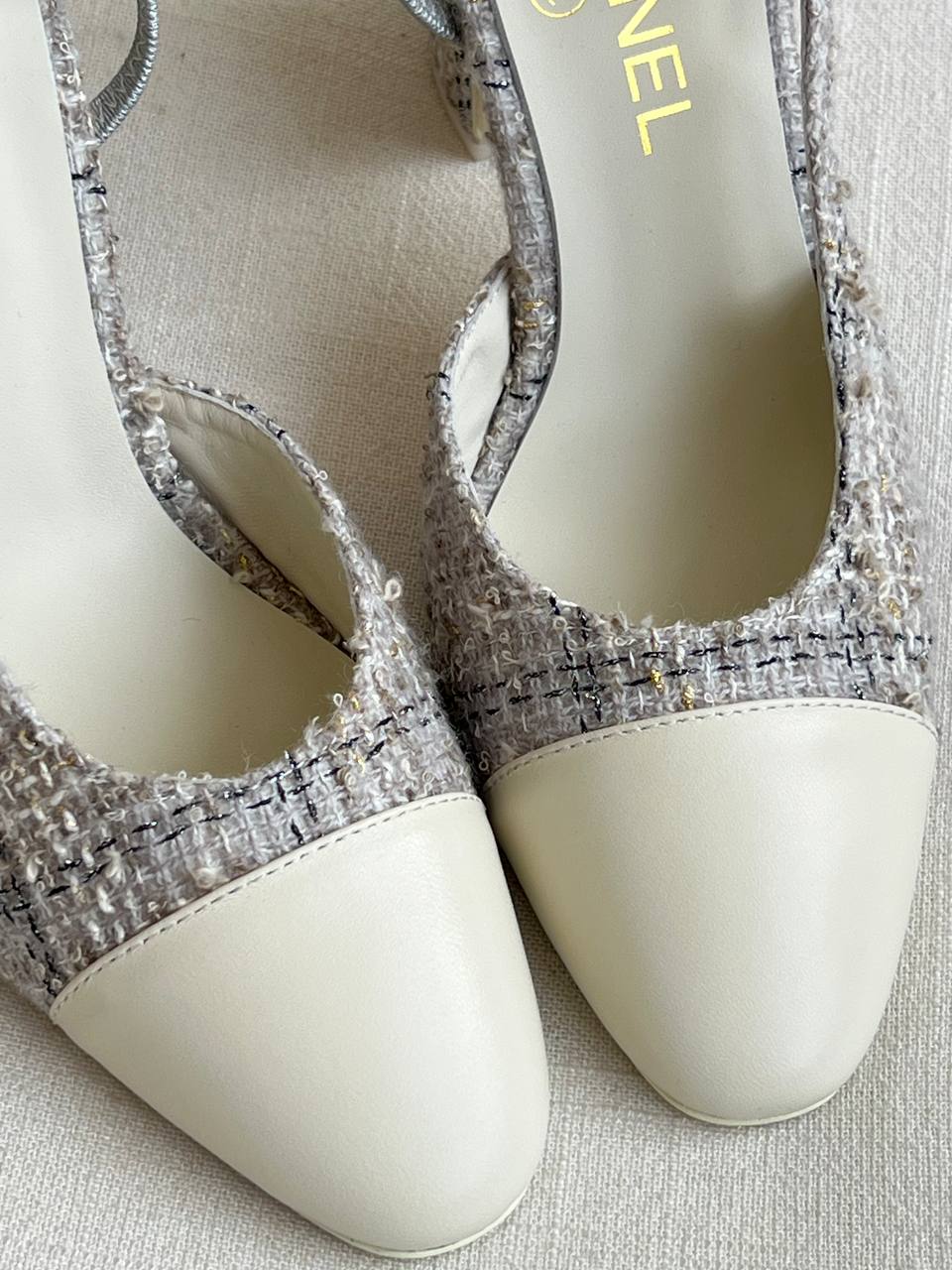 Chanel Grey Tweed & Lambskin Slingback Block Heel Sandals