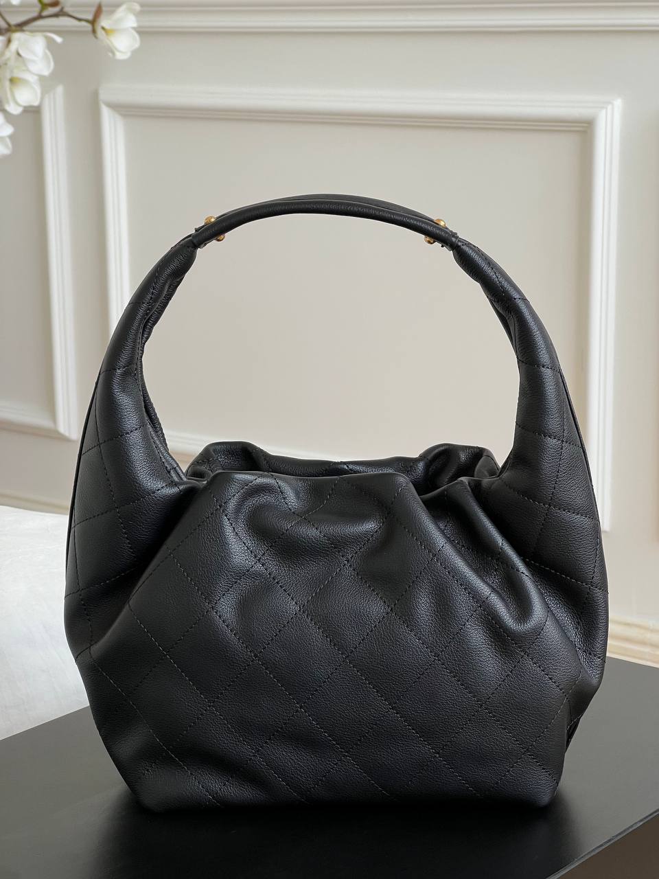 Chanel Black Caviar Leather Quilted Gold CC Lock Top Handle Hobo Underarm Bag