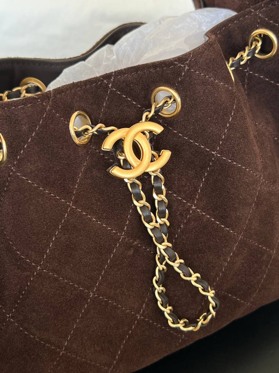 Chanel Dark Brown Suede Quilted CC Lock Drawstring Chain Hobo Underarm Bag