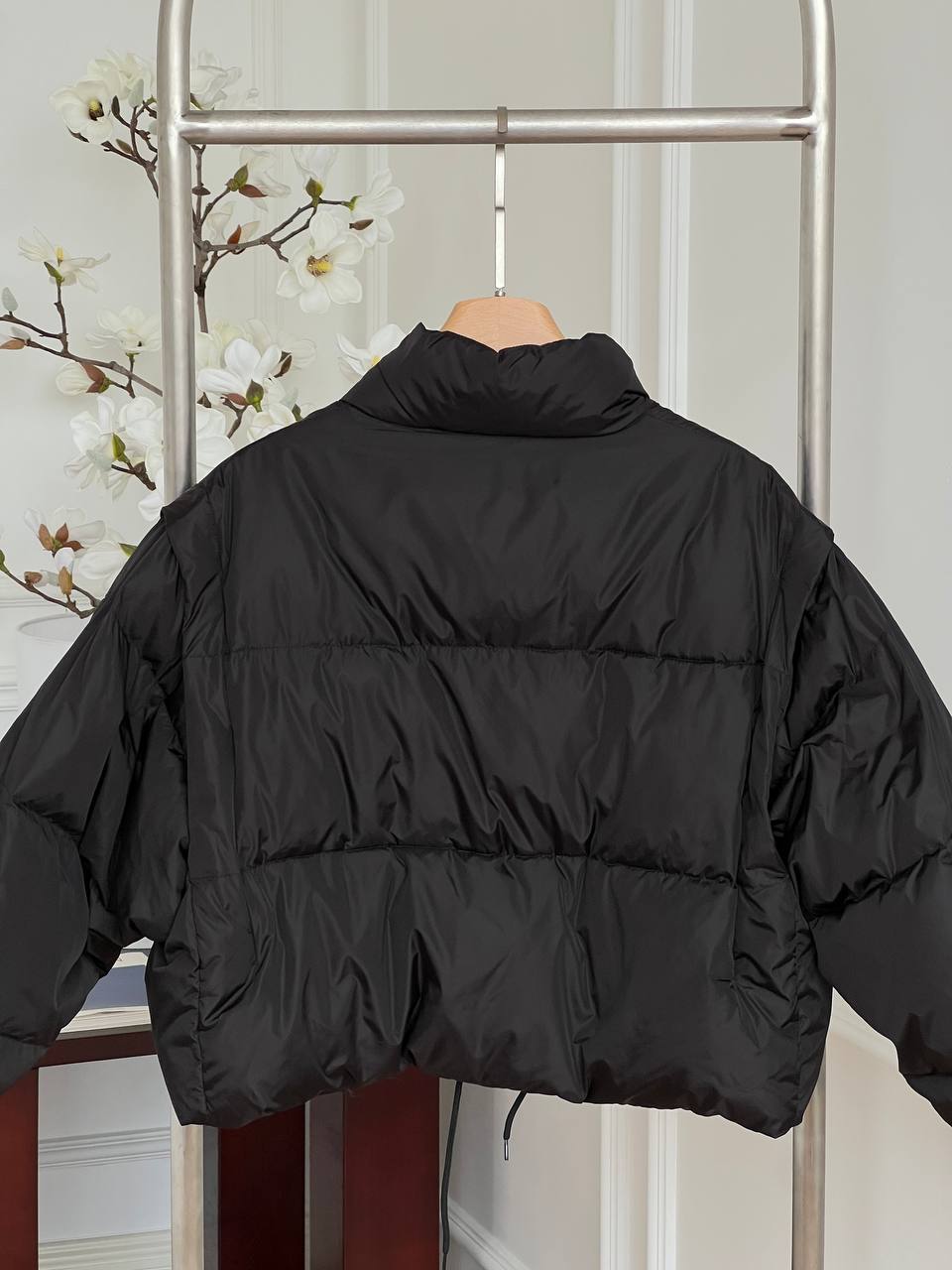 Prada Black Triangle Logo Stand Collar Cropped Nylon Down Jacket