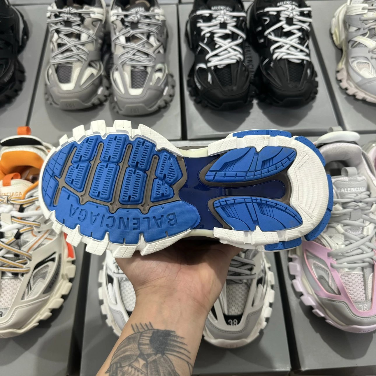 LED 1:1 Best Quality Balenciaga Track Shoes Dark Grey & Blue