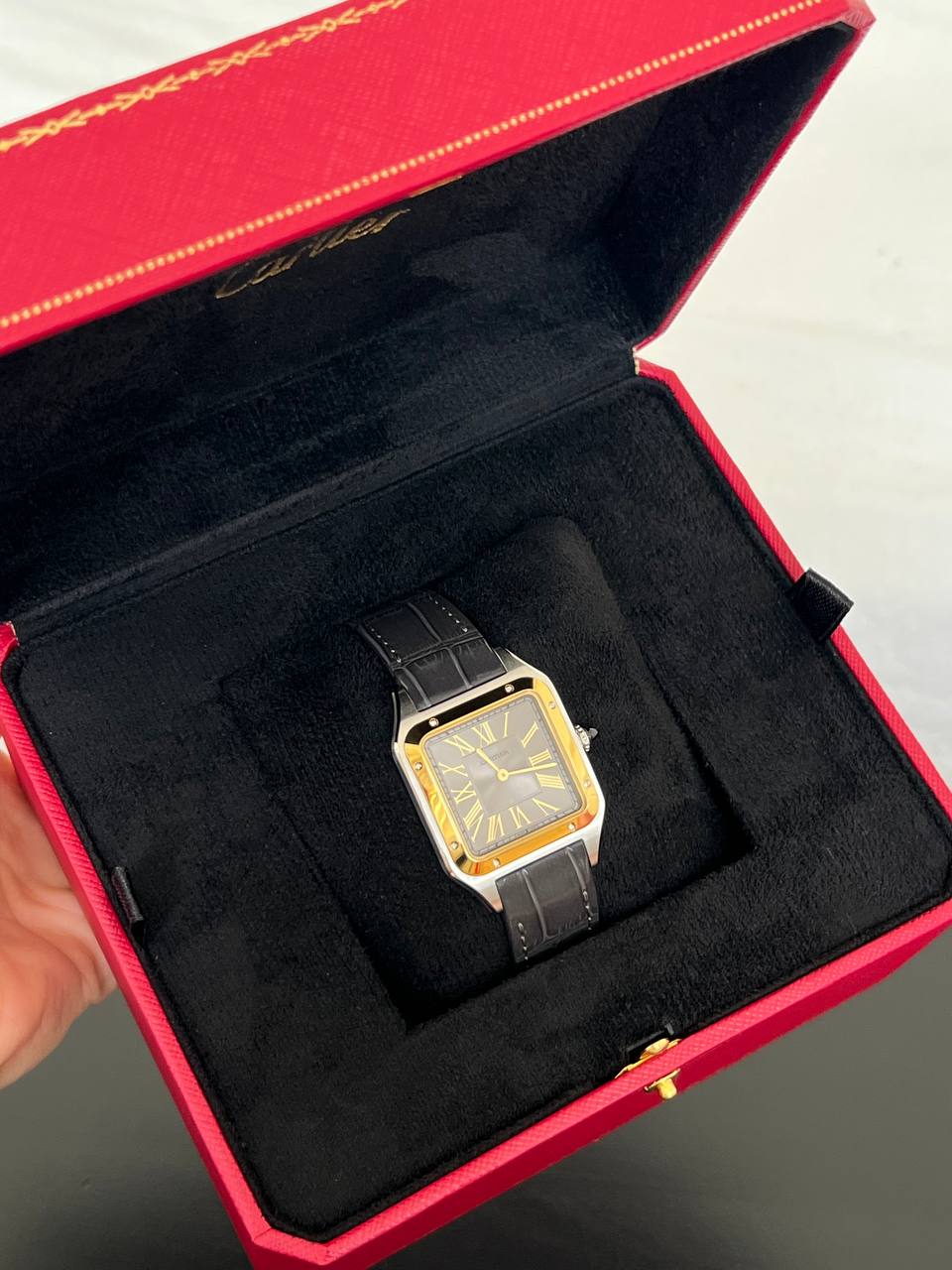 Cartier Santos de Cartier Watch with Black Dial, Gold Case and Black Strap
