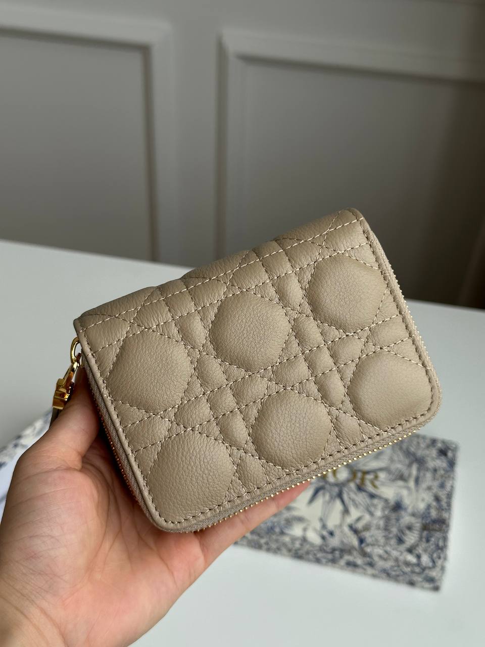 Dior Milk Tea Lambskin Cannage Quilted Full-Zip Compact Card Coin Wallet