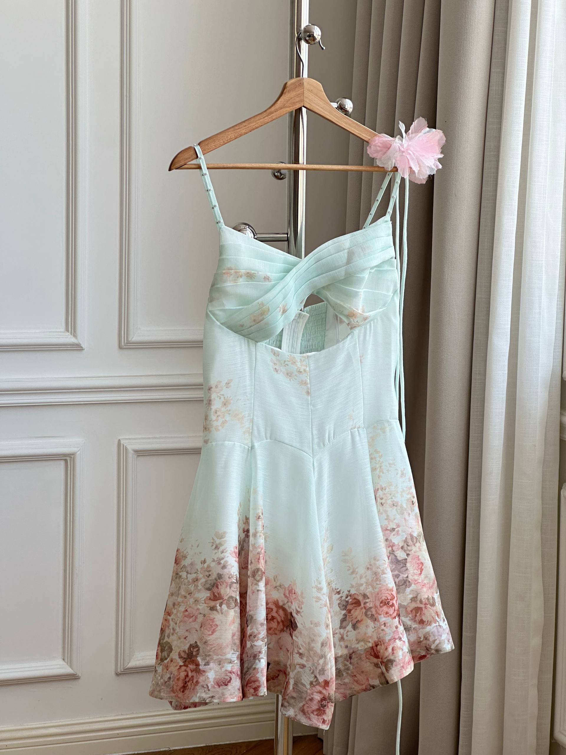 Zimmermann Mint Green Rose Print Ruched Bustier Mini Dress