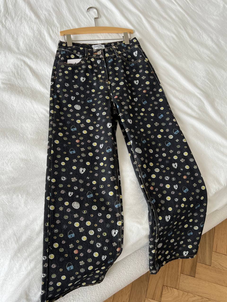 Chanel Dark Denim Playful Multi-pattern Printed Wide-Leg Jeans