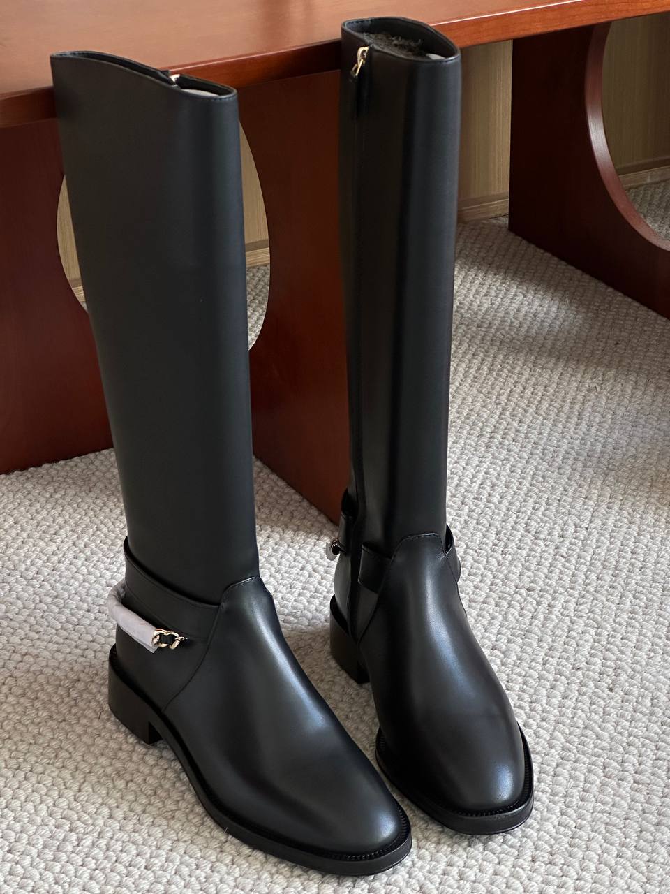 Chanel Black Polished Leather CC Metal Buckle Block Heel Straight Tall Riding Boots