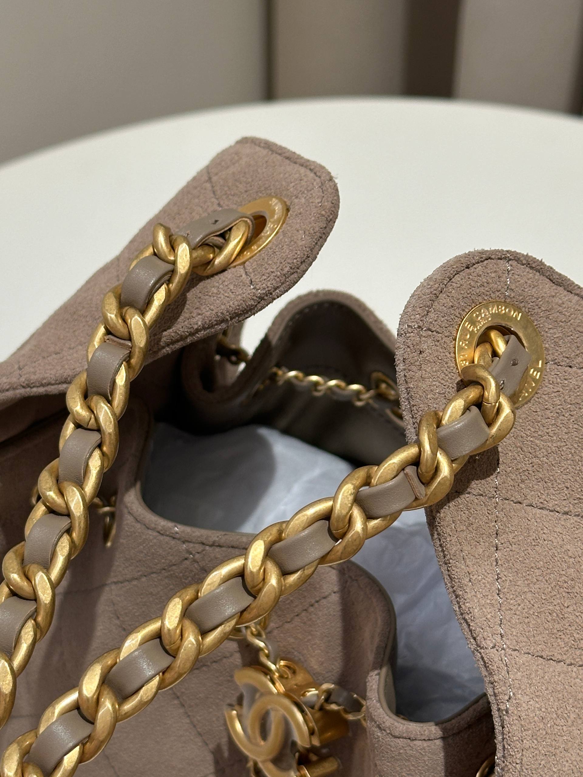 CHANEL Small 25 Bag in Taupe Grey Suede