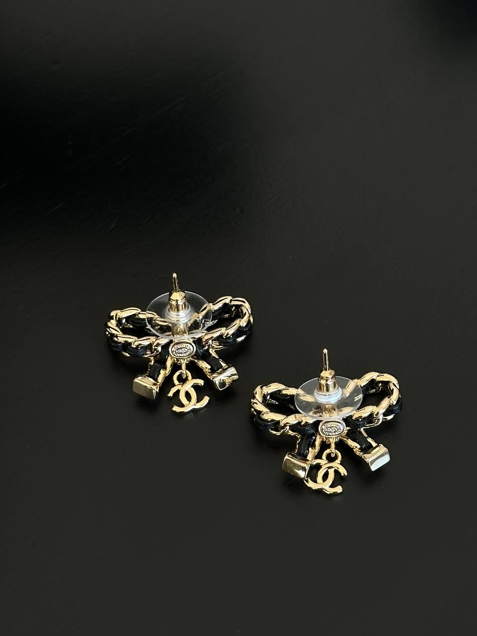 Chanel Shiny Gold Twisted Rope Bow Mini Interlocking CC Drop Stud Earrings