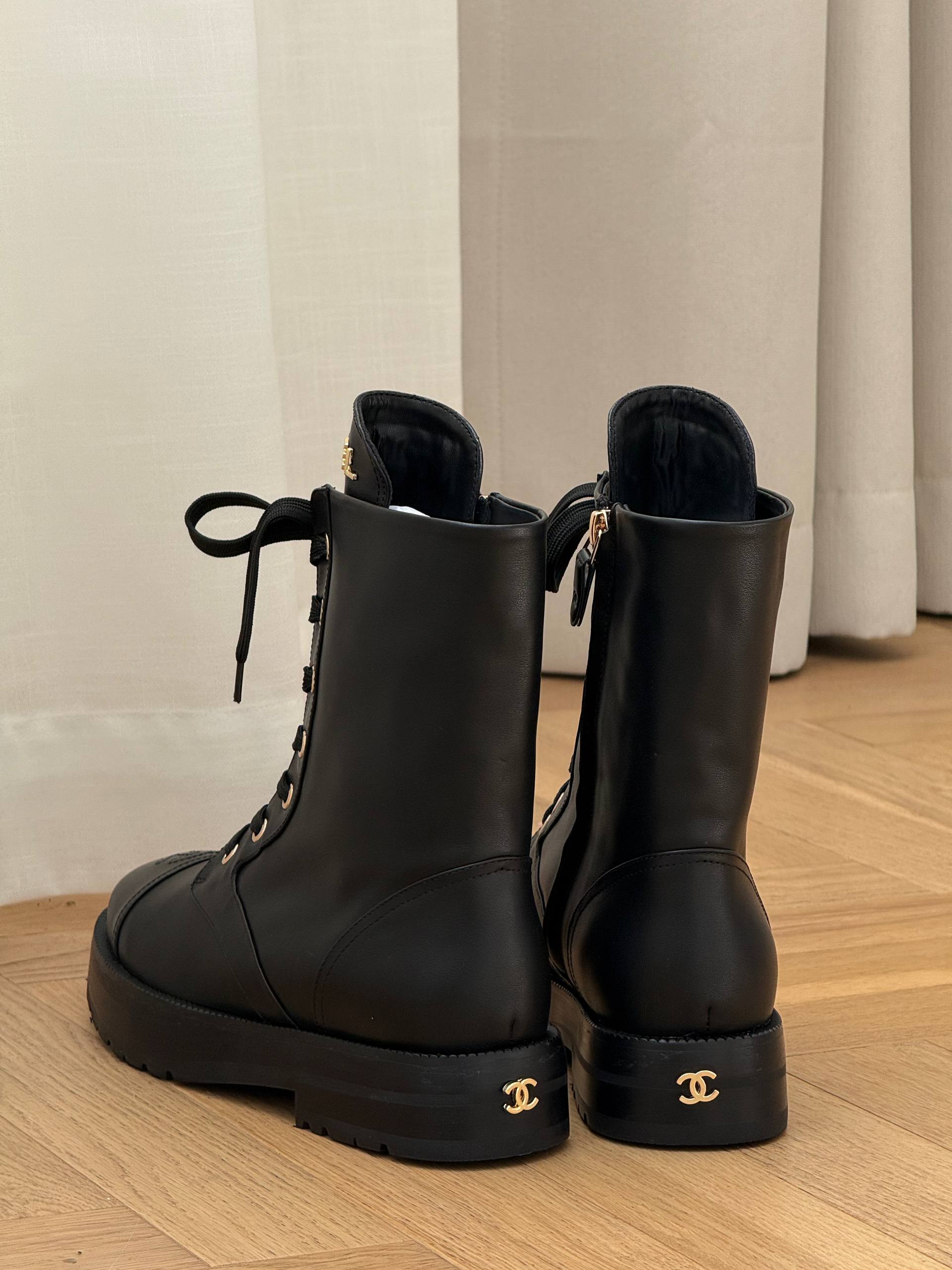 Chanel Calfskin Logo Combat Lace-Up Boots