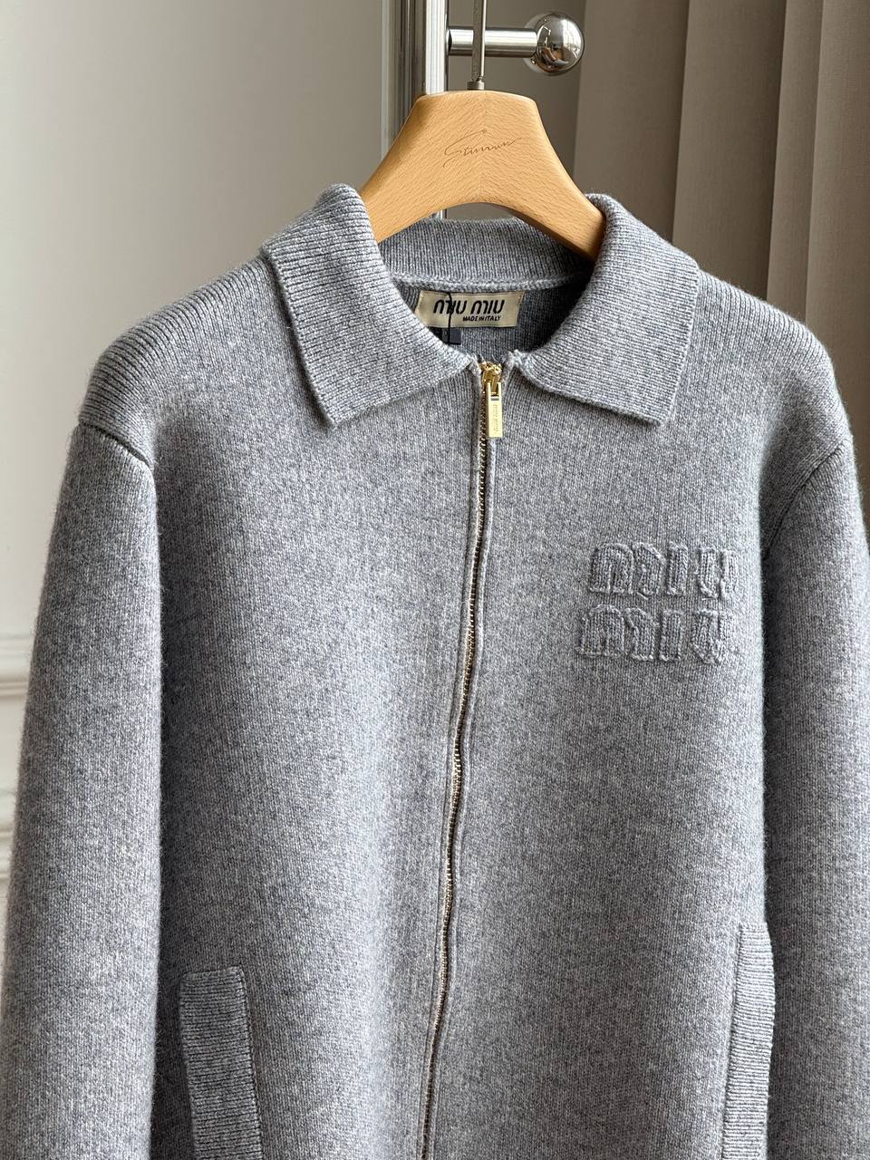 Miu Miu Logo-Embroidered Zip-Up Polo Collar Knit Cardigan