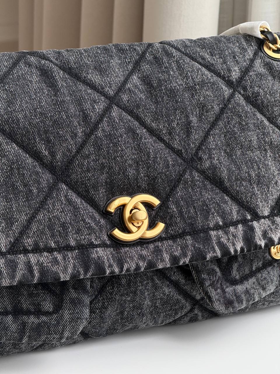 CHANEL Washed Black Denim Quilted Large Flap Bag with Gold-Tone Hardware