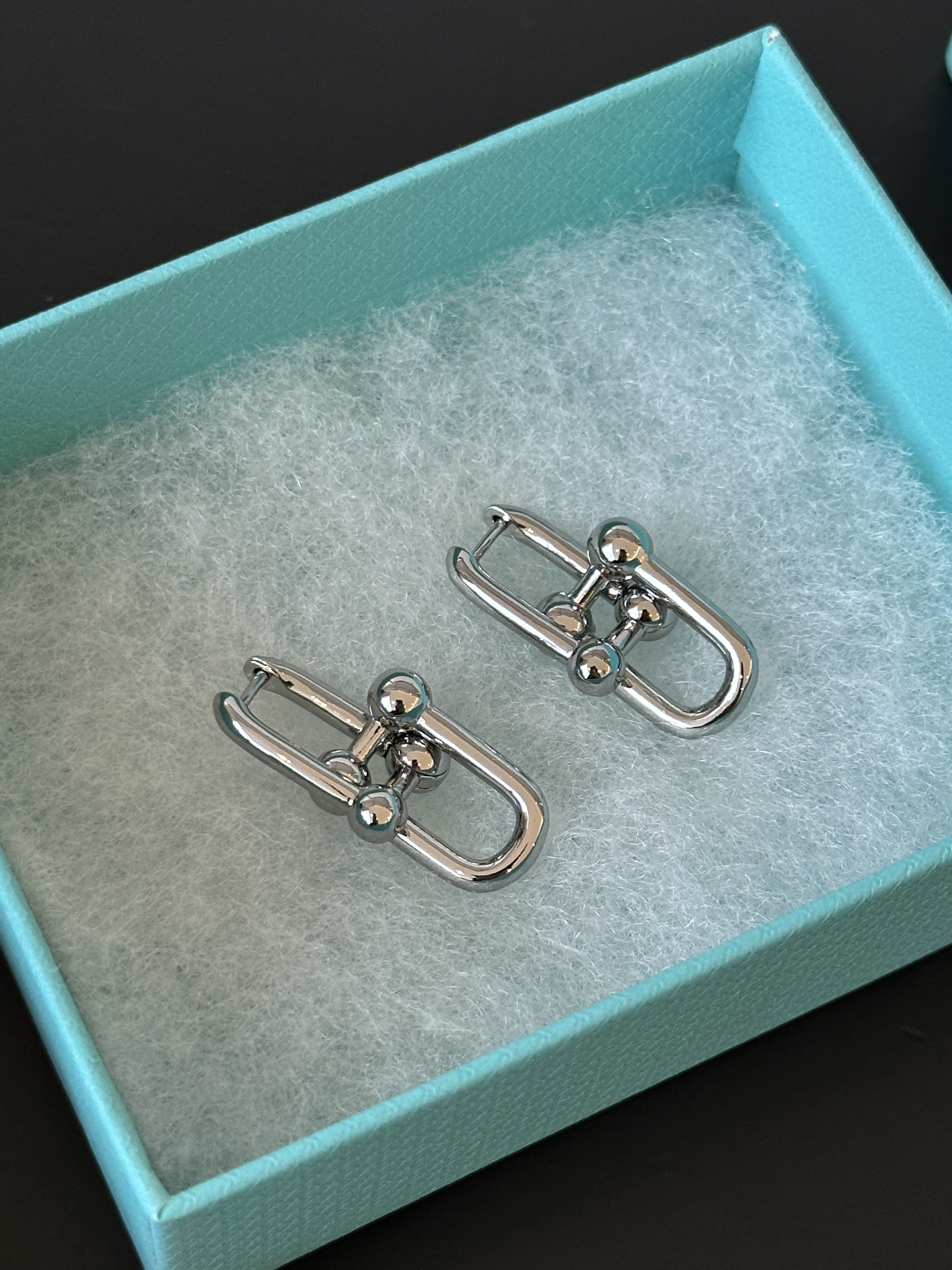 Tiffany Style U-Shape Triple Ball Geometric Silver Hoop Earrings