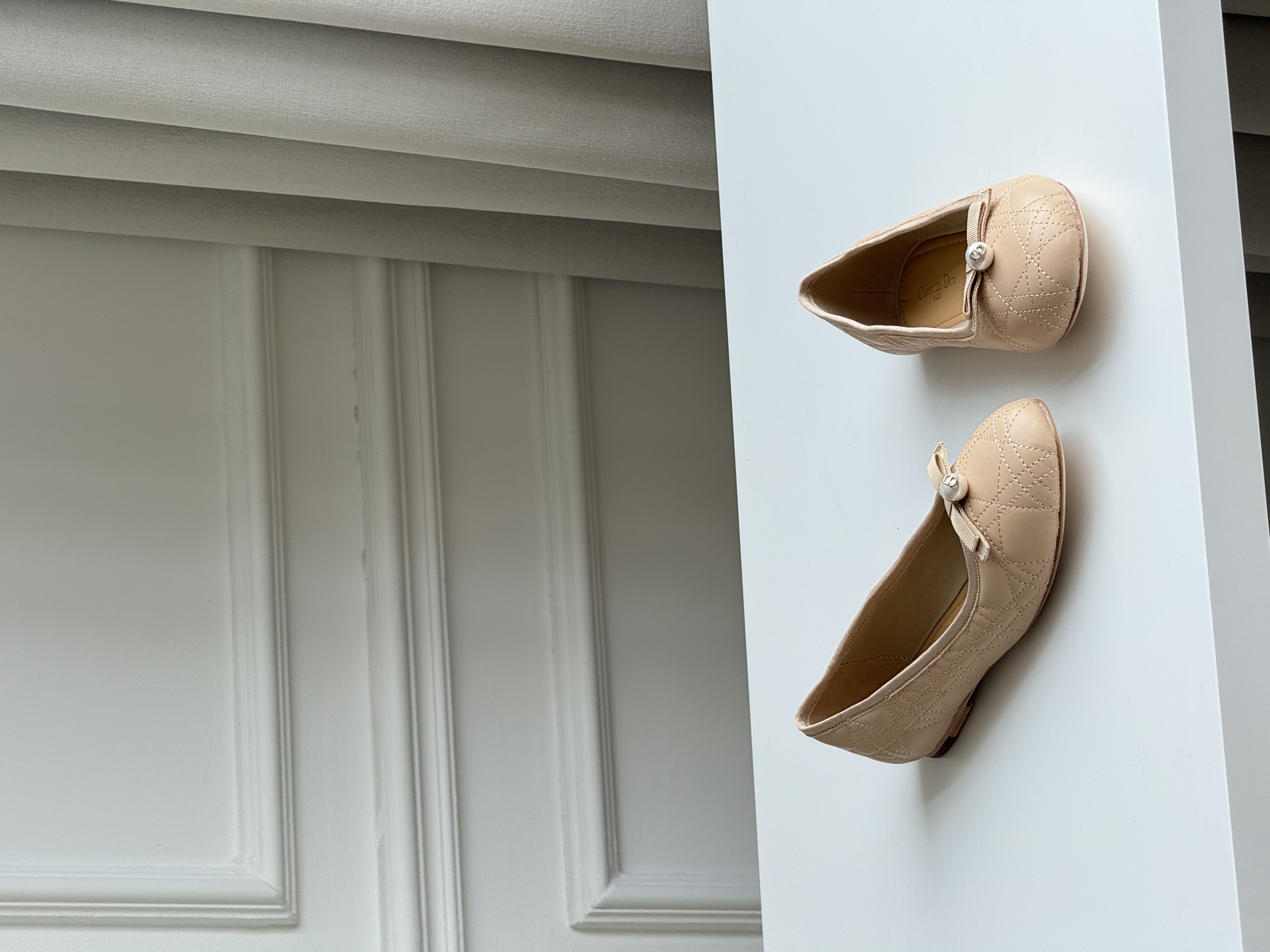 Nude Quilted Pearl Bow Flat Ballet Shoes
